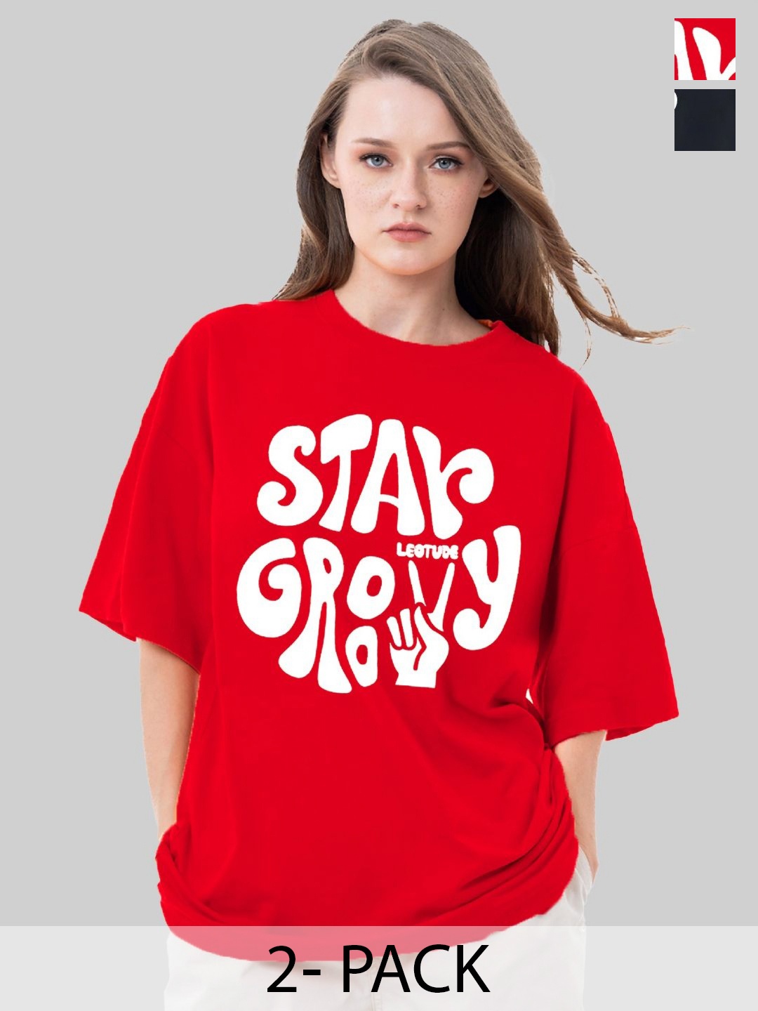 

Leotude Women Pack Of 2 Typography Printed Round Neck Cotton Oversized T-shirts, Red