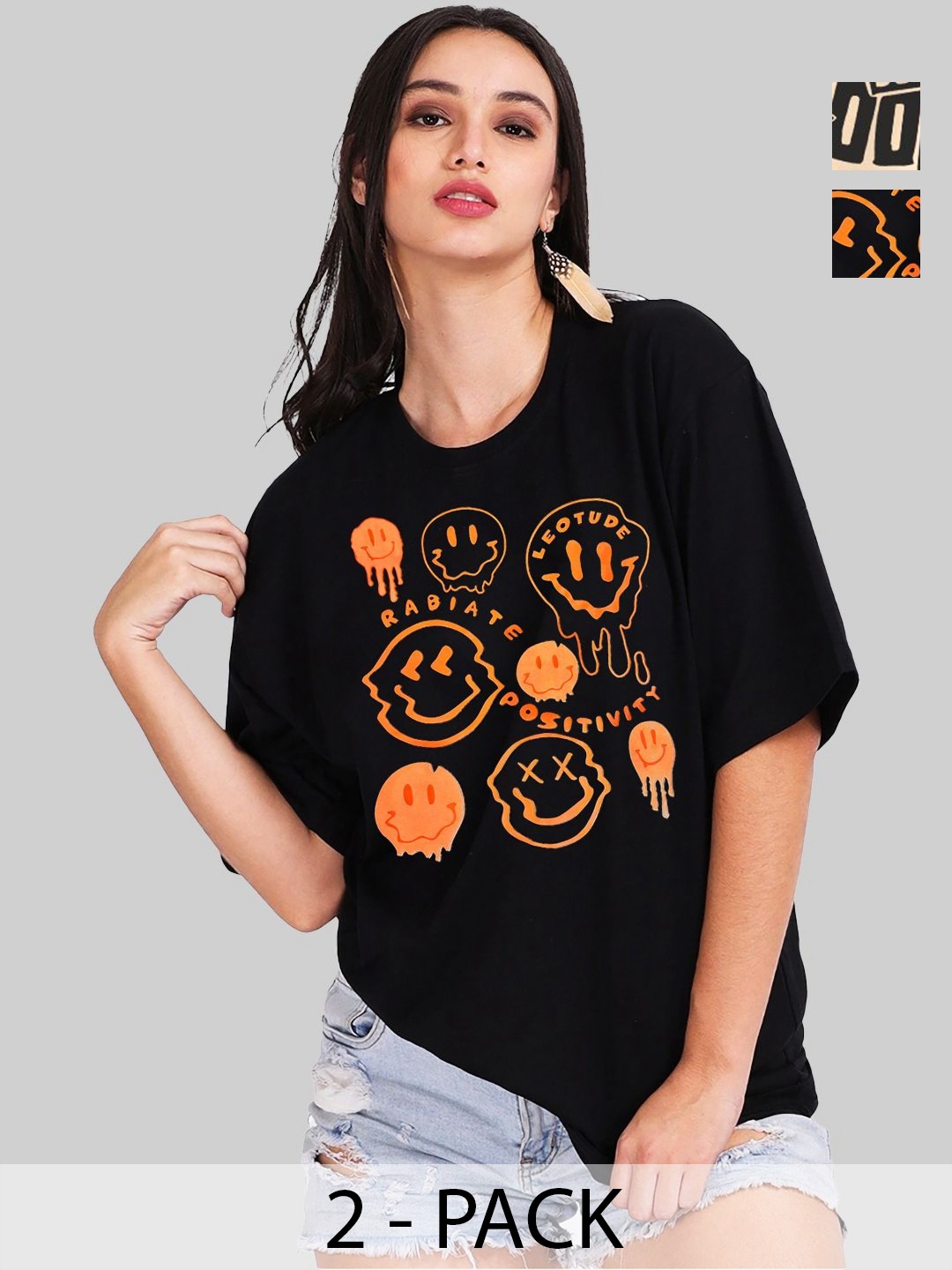 

Leotude Women Pack Of 2 Graphic Printed Round Neck Cotton Oversized T-shirts, Black