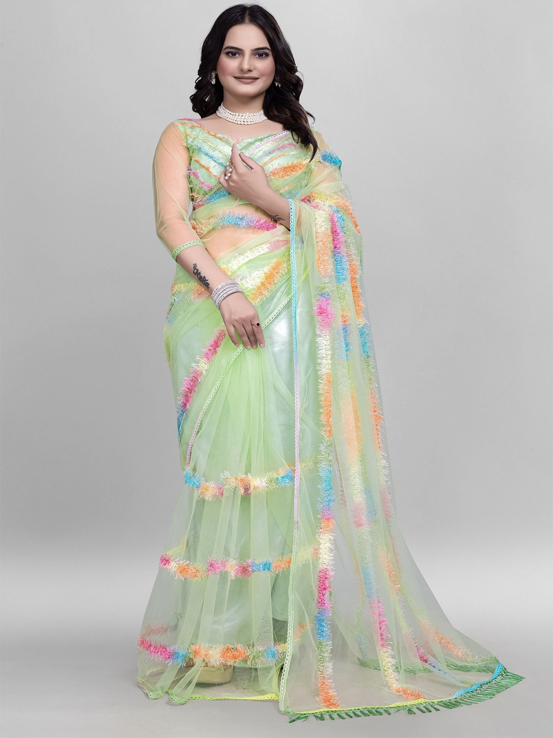 

A TO Z CART Embroidered Striped Net Saree, Lime green