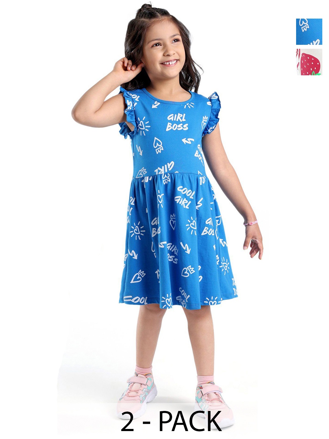 

Honeyhap Girls Pack of 2 Printed Flared Sleeves Cotton A-Line Dress, Navy blue