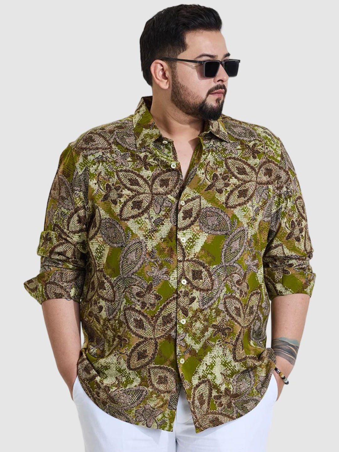 

Snitch Men Plus Size Classic Regular Fit Spread Collar Floral Printed Casual Shirt, Olive