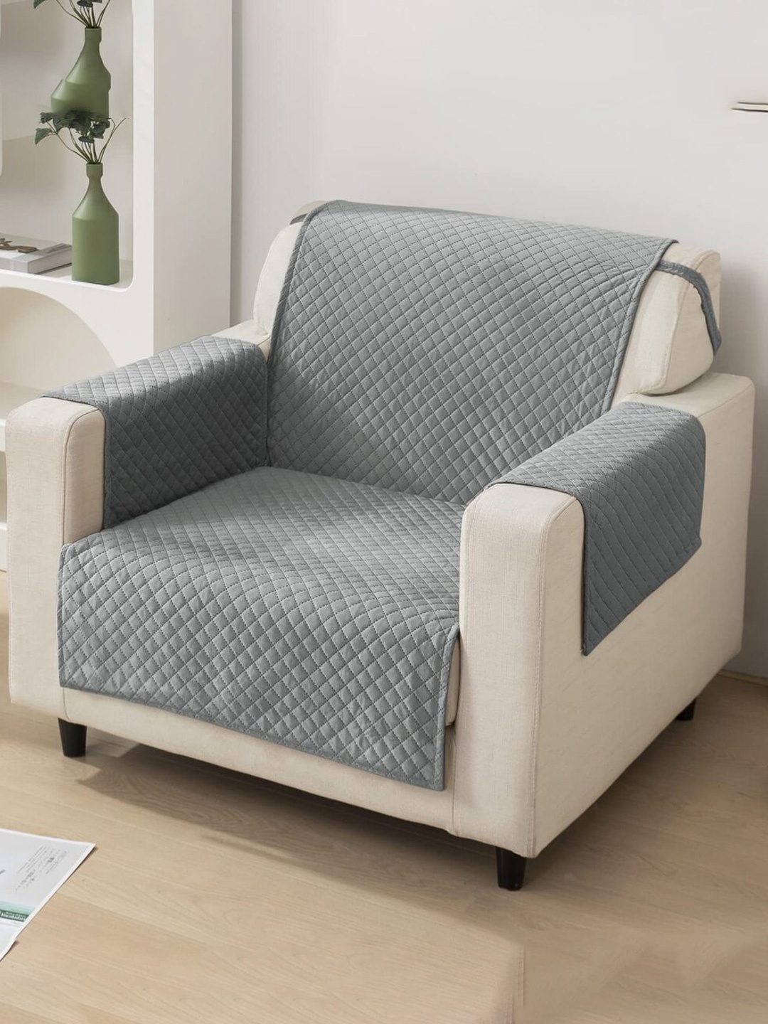 

Fashion Throw Grey Checked Velvet 1 Piece Sofa Cover With Arms