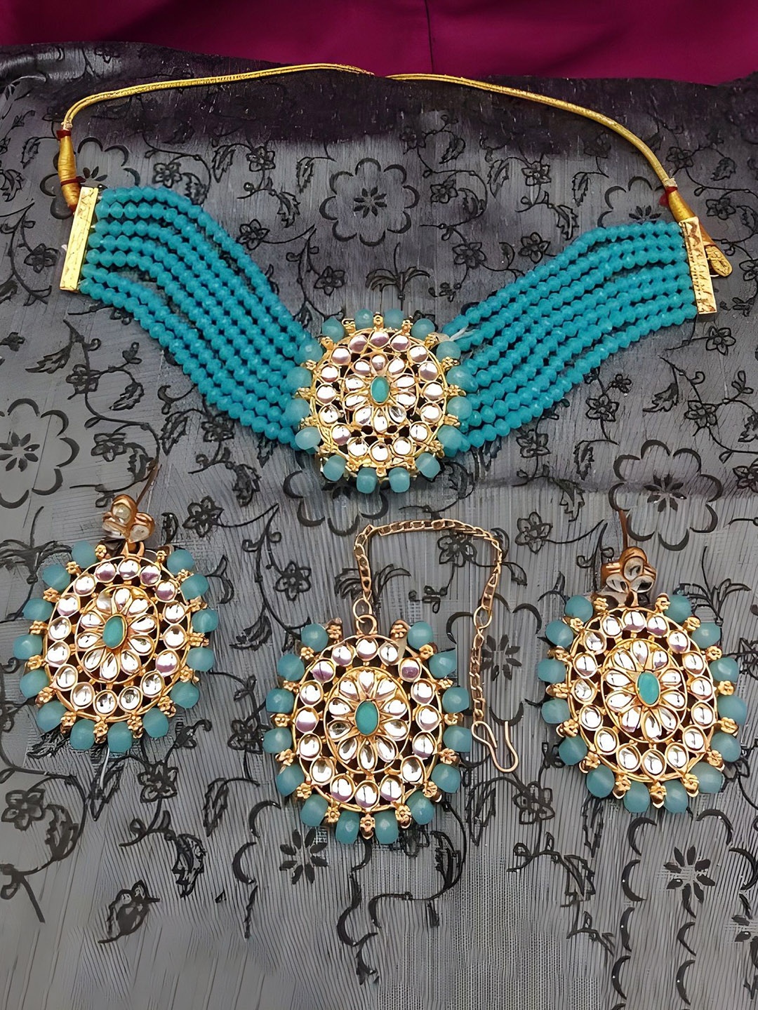 

JMBW INTERNATIONAL Set Of 2 Gold Plated Stone Studded & Beaded Jewellery Sets