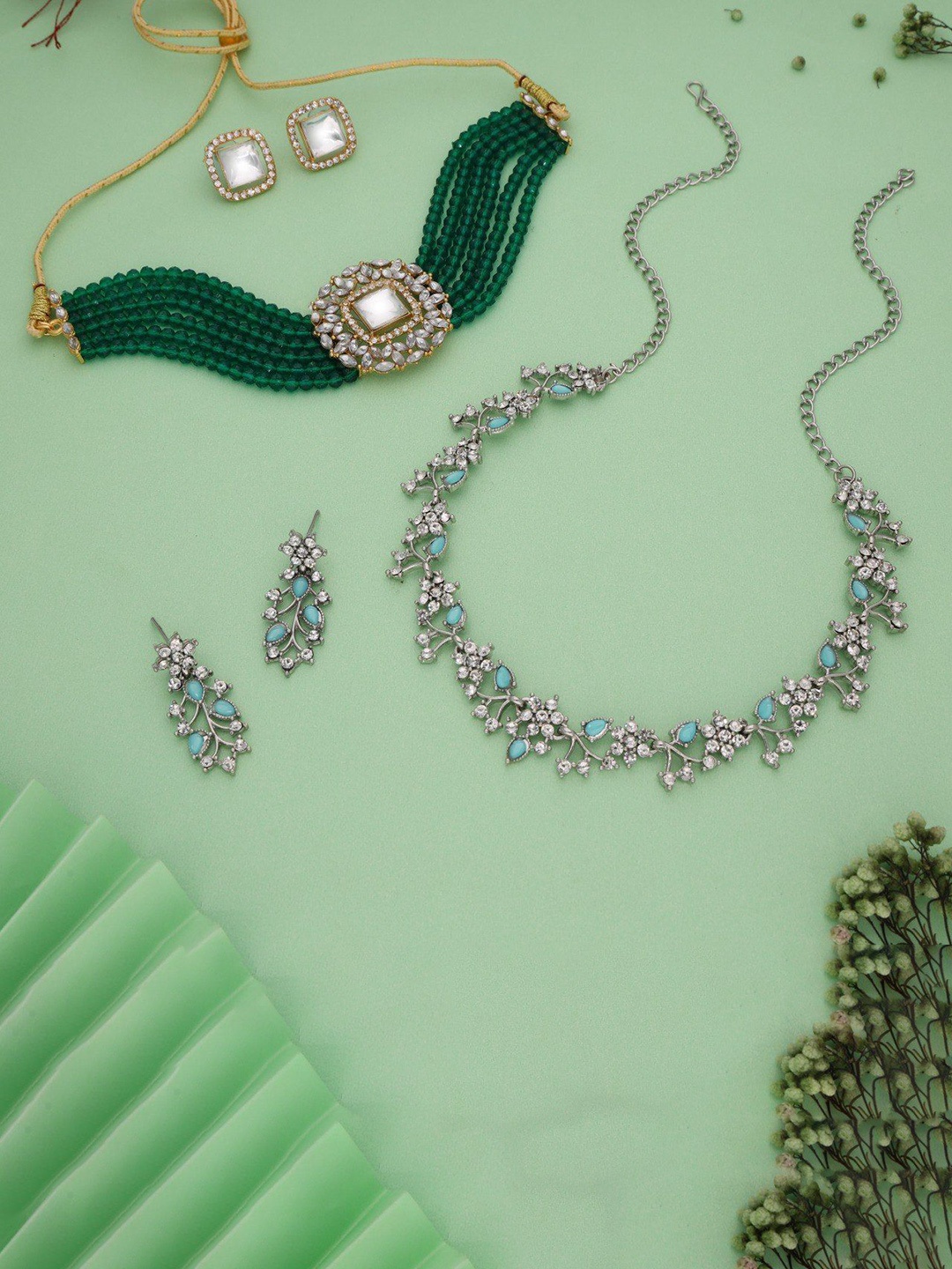 

Lyriss Set Of 2 Silver-Plated American Diamond Studded Jewellery Set, Blue