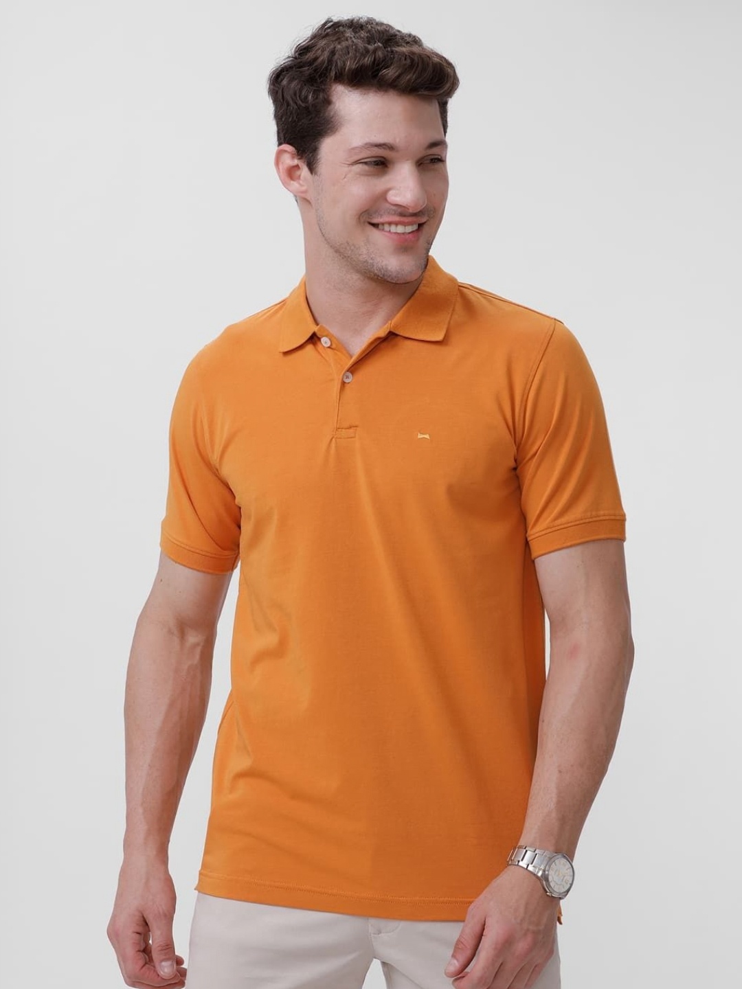 

Basics Men Solid Polo Collar Cotton Regular Fit T-shirt, Mustard