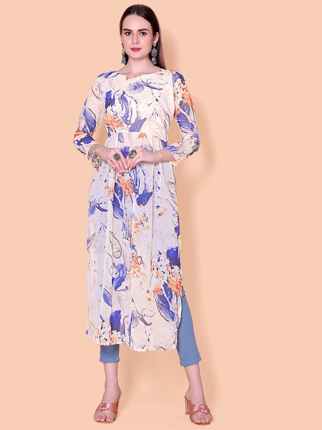 

Rinbin Floral Printed Notch-Neck Georgette Straight Kurta, White