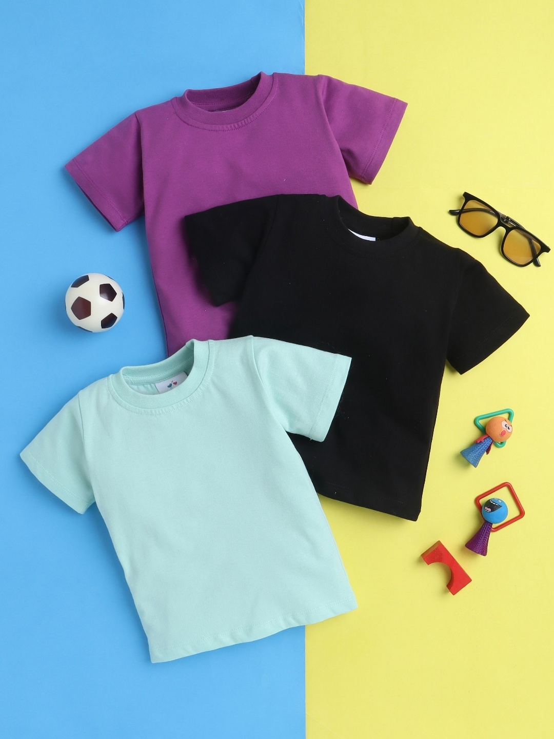 

Knitting Doodles Boys Pack of 3 Solid Round Neck Cotton T-shirts, Sea green