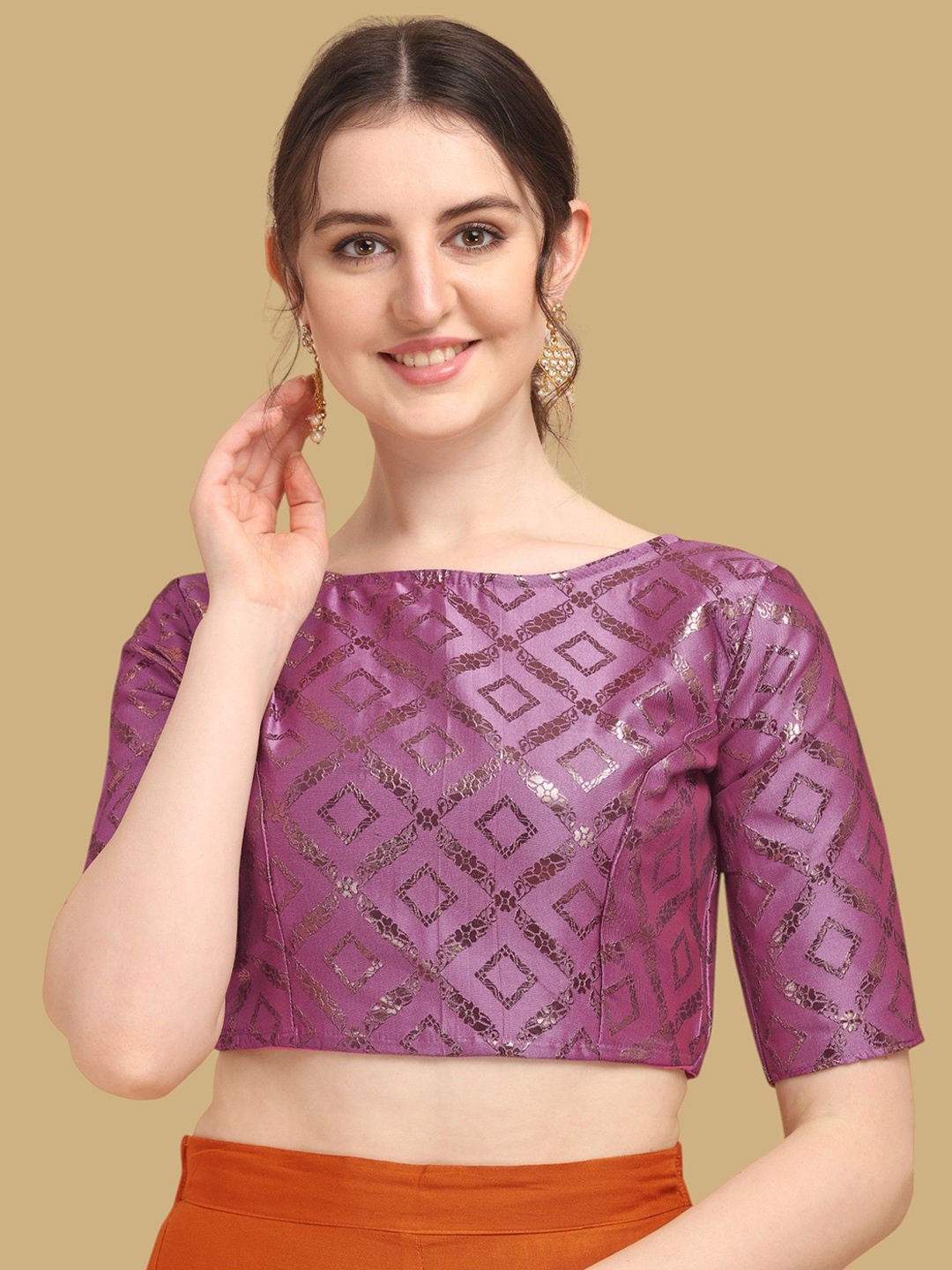 

Oomph! Woven Design Boat Neck Jacquard Saree Blouse, Pink