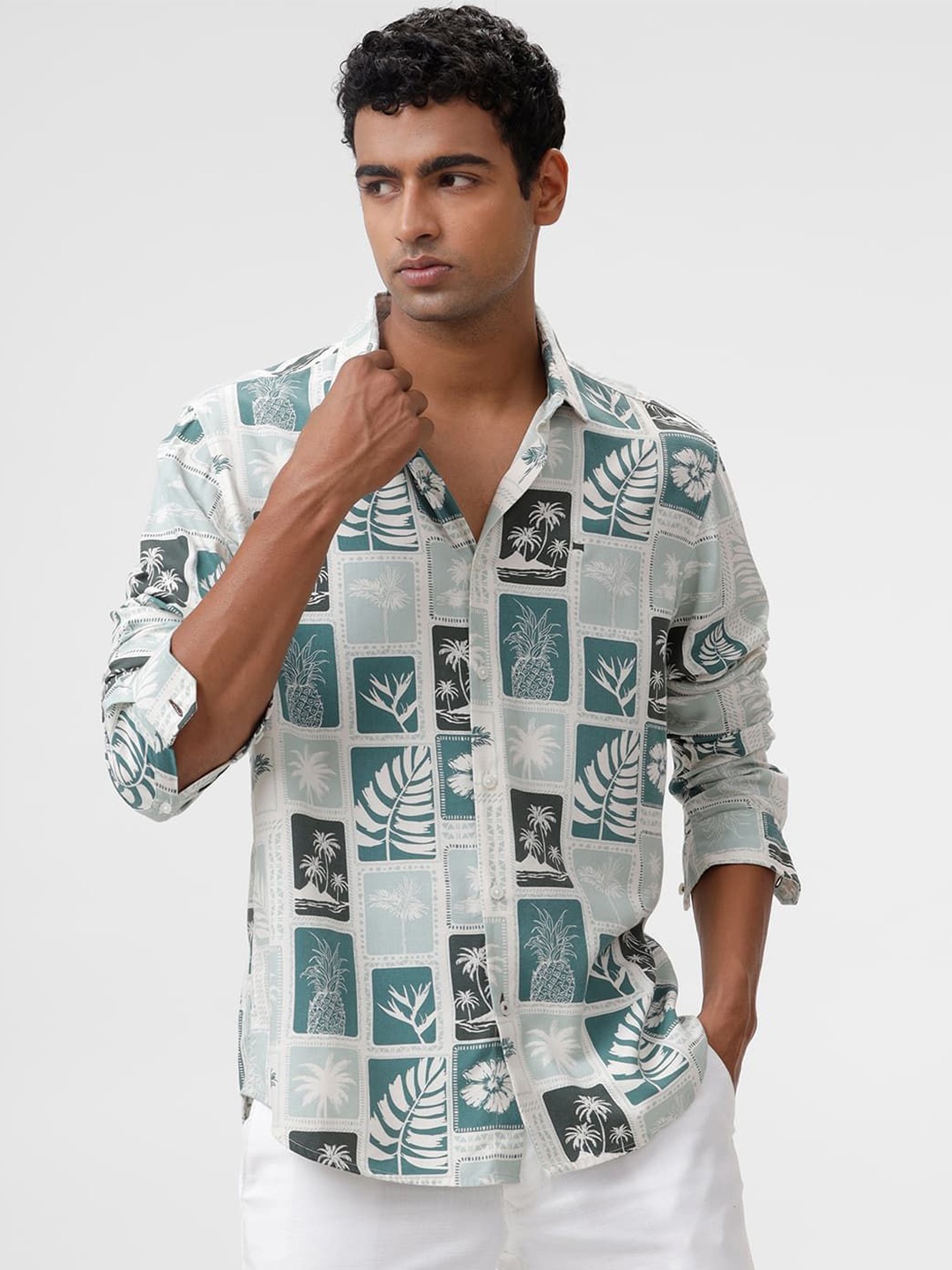 

Basics Men Slim Fit Cutaway Collar Graphic Printed Cotton Casual Shirt, Green