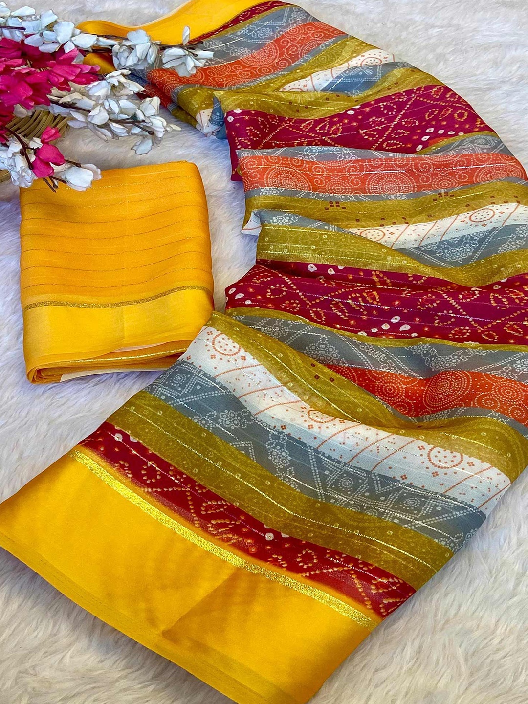 

Peachmode Bandhani Zari Pure Chiffon Saree, Yellow