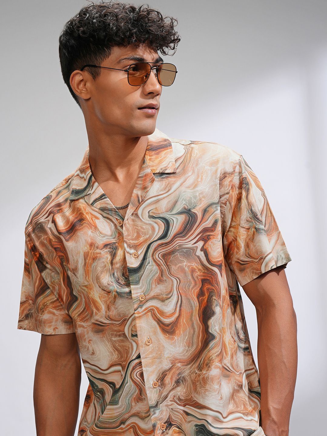 

LOCOMOTIVE Men Comfort Relaxed Fit Cuban Collar Abstract Printed Cotton Casual Shirt, White