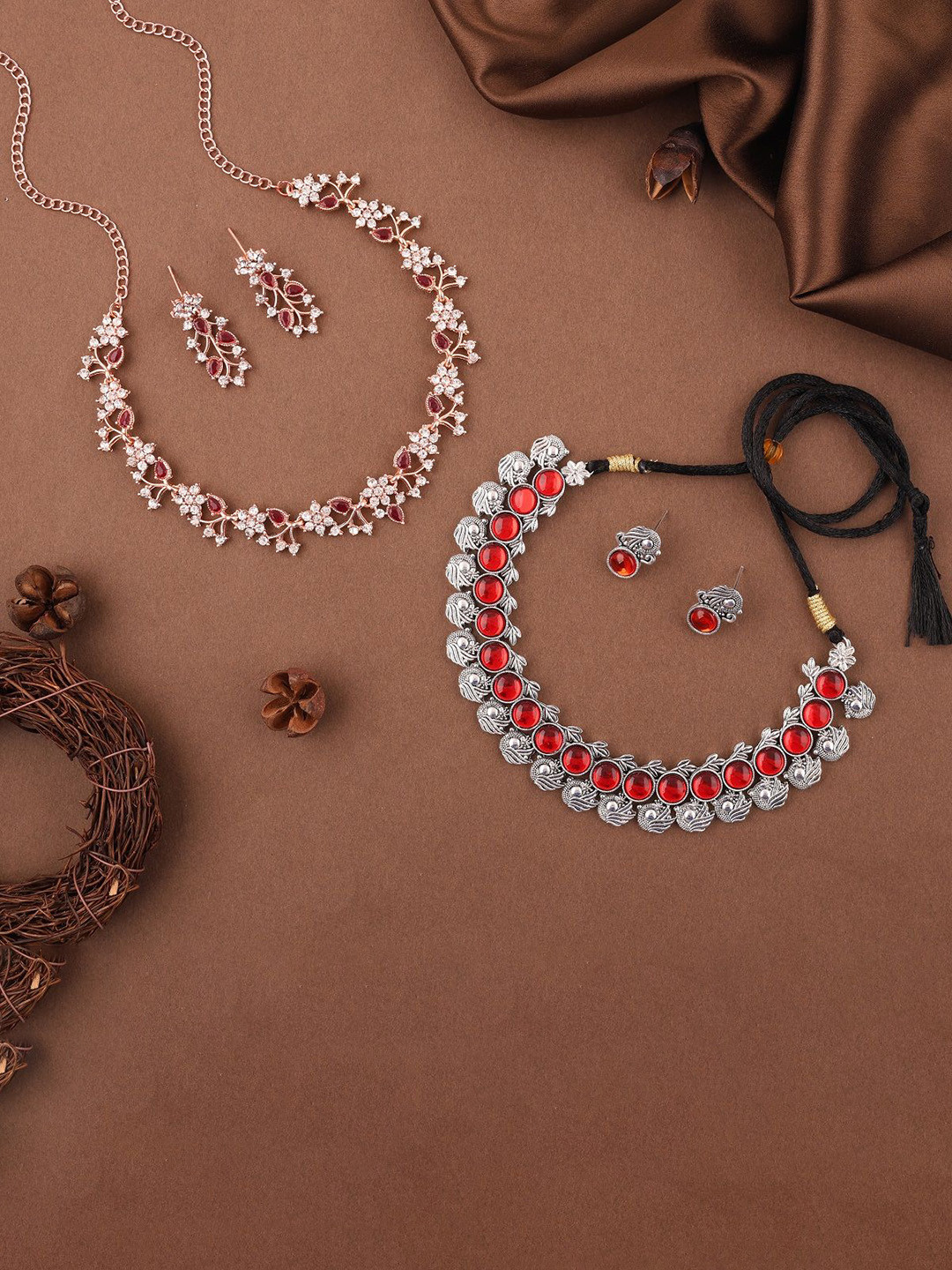 

Lyriss Set Of 2 Rose Gold-Plated & Silver-Plated American-Diamond-Studded Jewellery Set