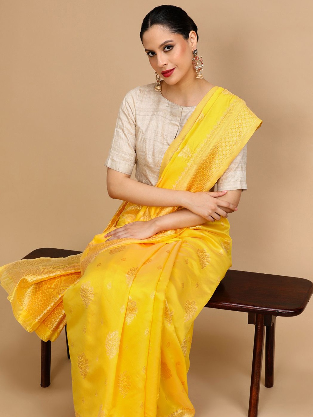 

House of Pataudi Woven Design Banarasi Saree With Unstitched Blouse, Yellow
