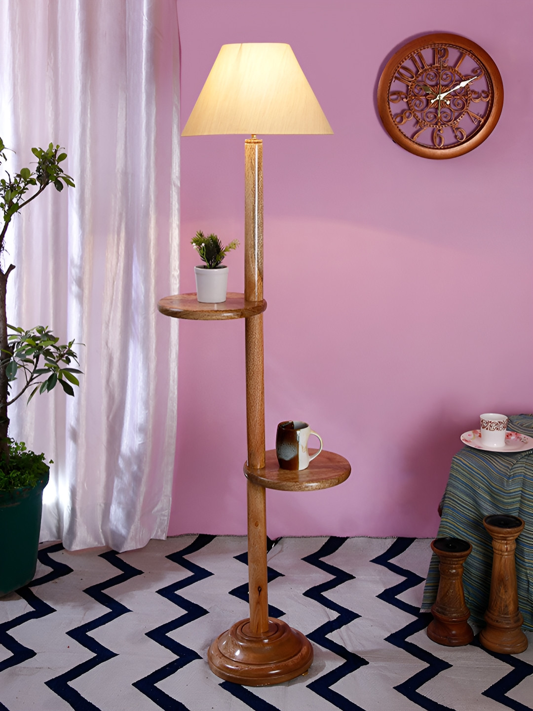 

Devansh Off White & Brown Conical Cotton Wooden Floor Lamp