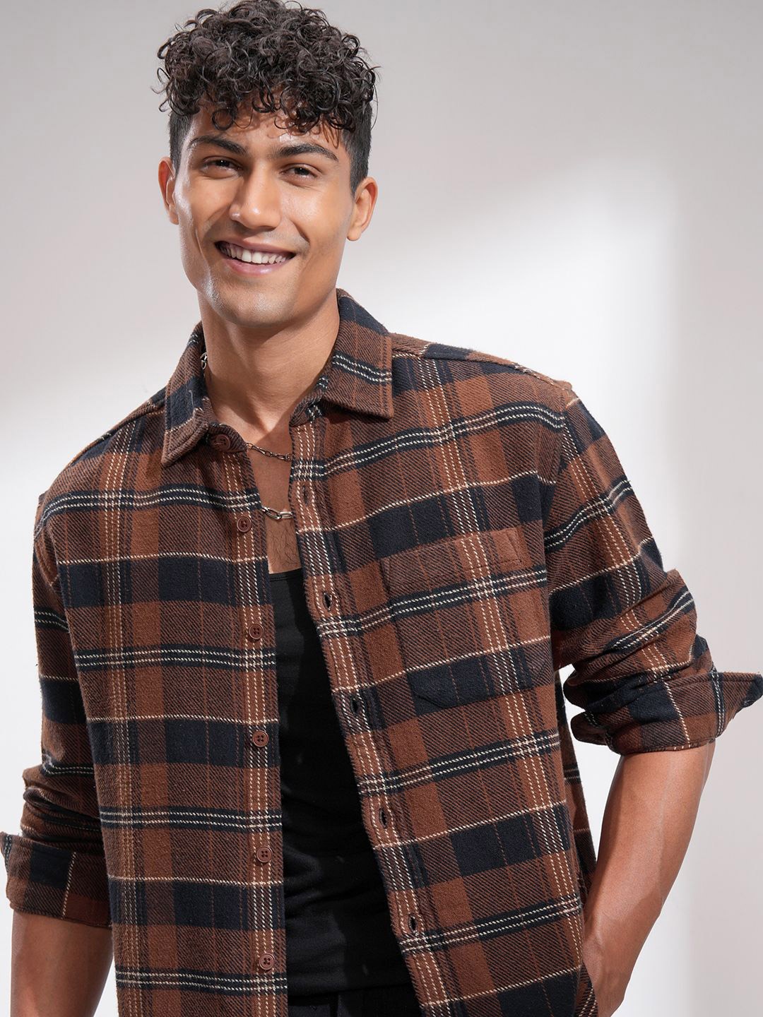 

HIGHLANDER Men Relaxed Fit Spread Collar Tartan Checked Cotton Casual Shacket, Brown