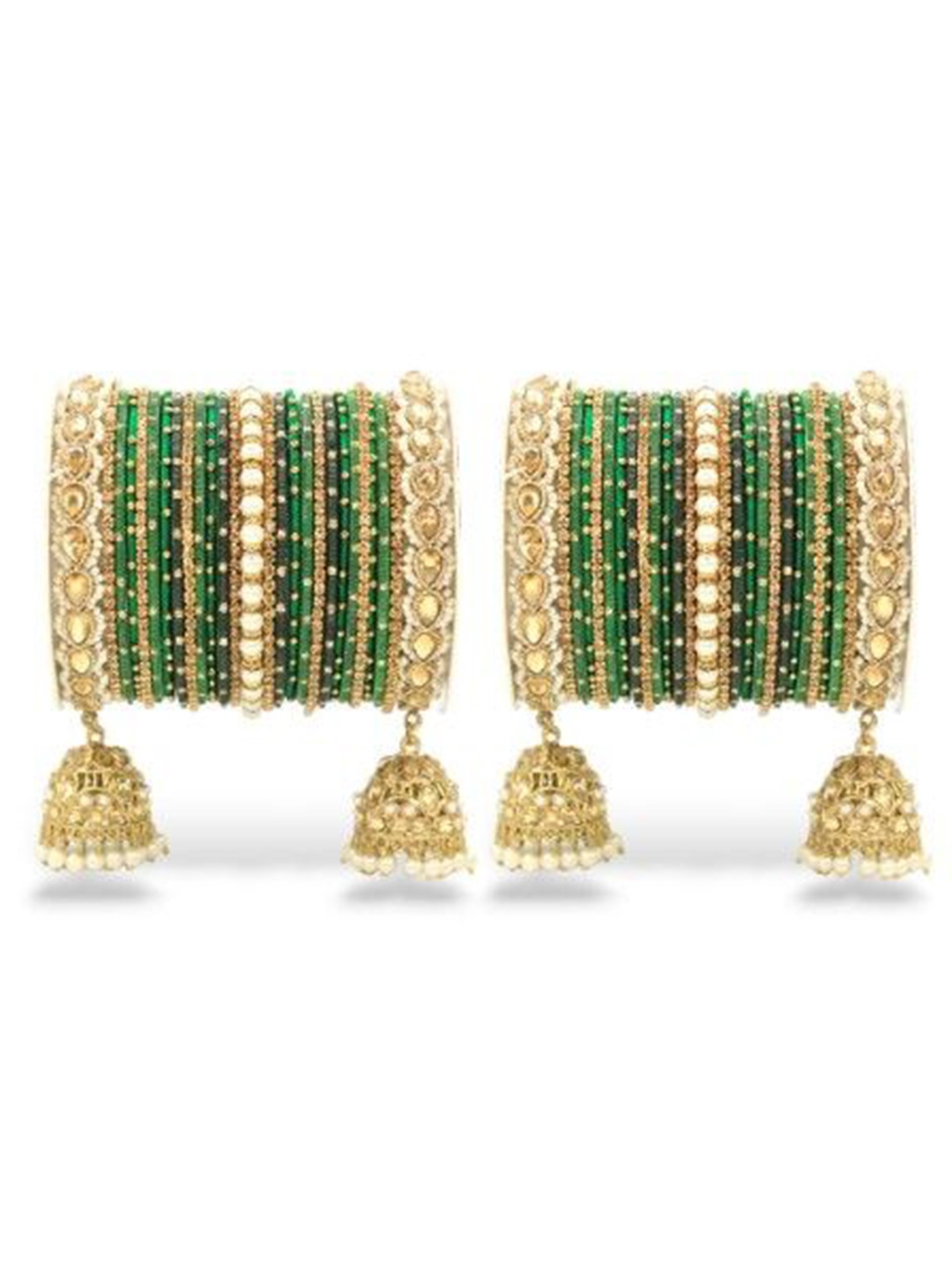 

leshya Set Of 2 Stone-Studded & Beaded Bridal Jhumki Style Bangles, Gold