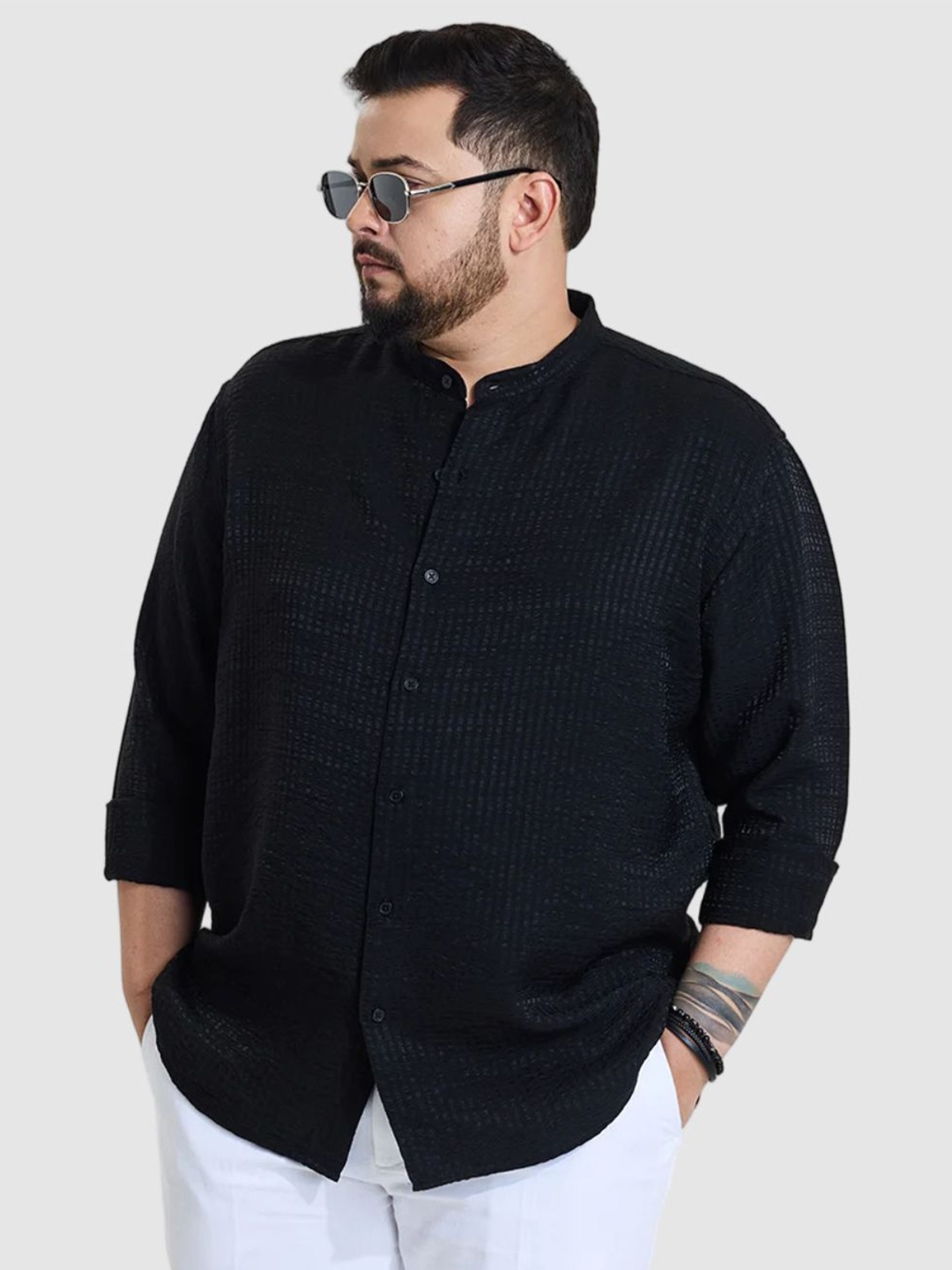 

Snitch Men Plus Size Classic Regular Fit Band Collar Textured Casual Shirt, Black