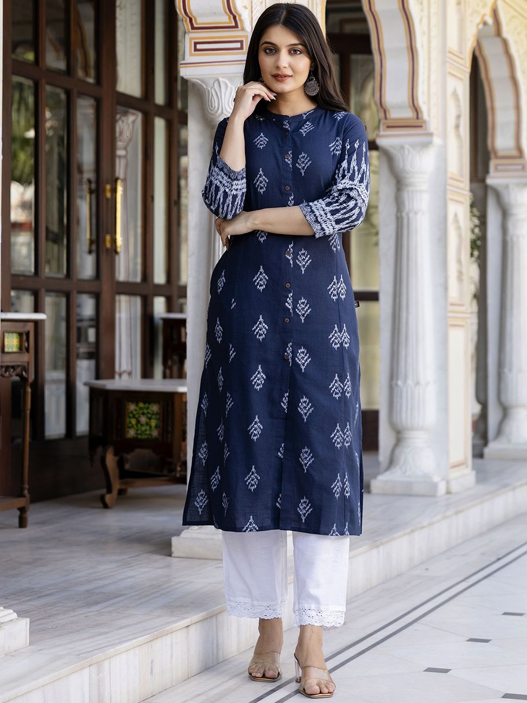 

Pistaa Floral Printed Mandarin Collar Pure Cotton A-Line Kurta with Trouser, Navy blue