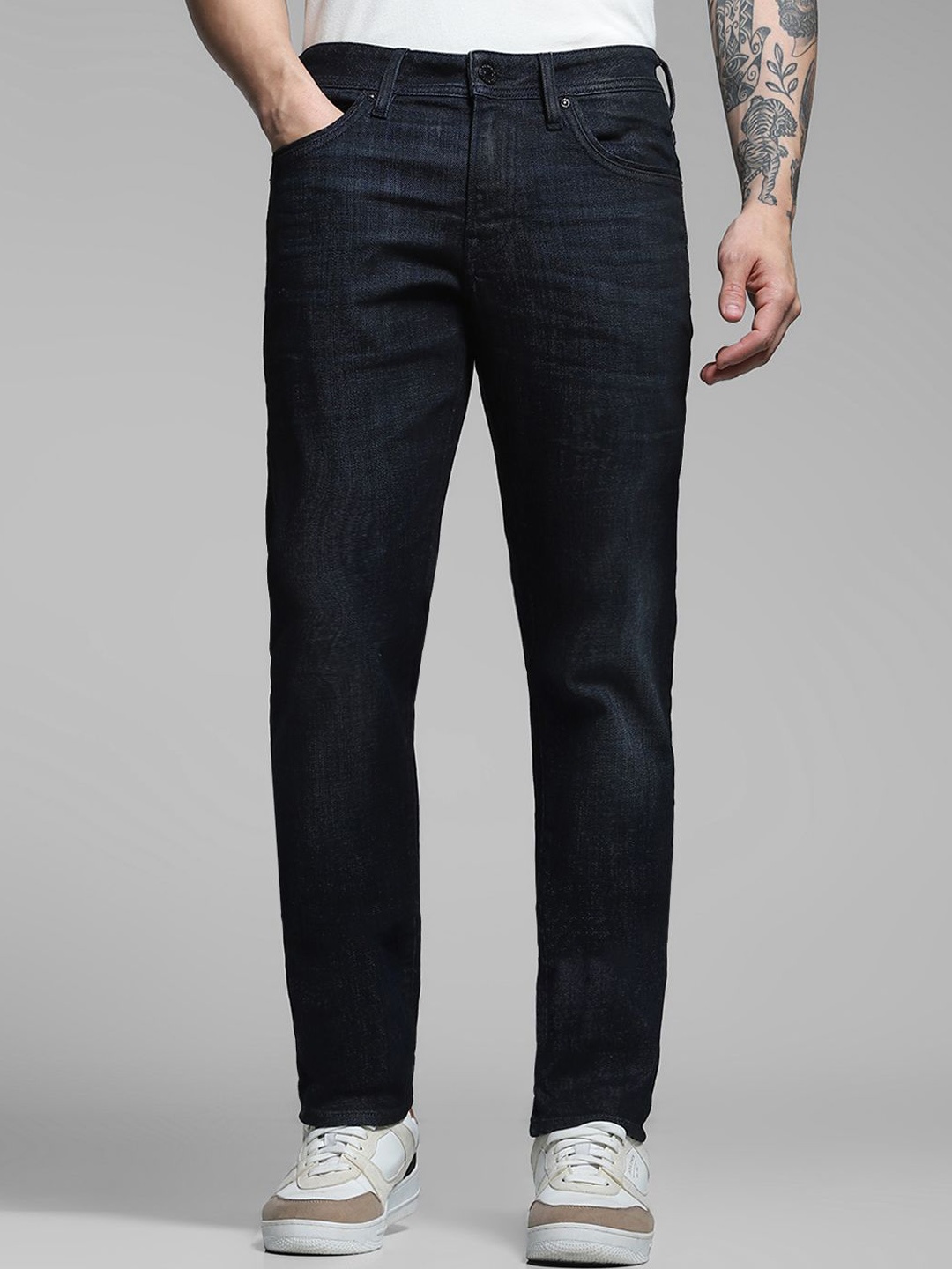 

Jack & Jones Men Slim Fit Mid-Rise Crinkle Light Fade Stretchable Jeans, Blue