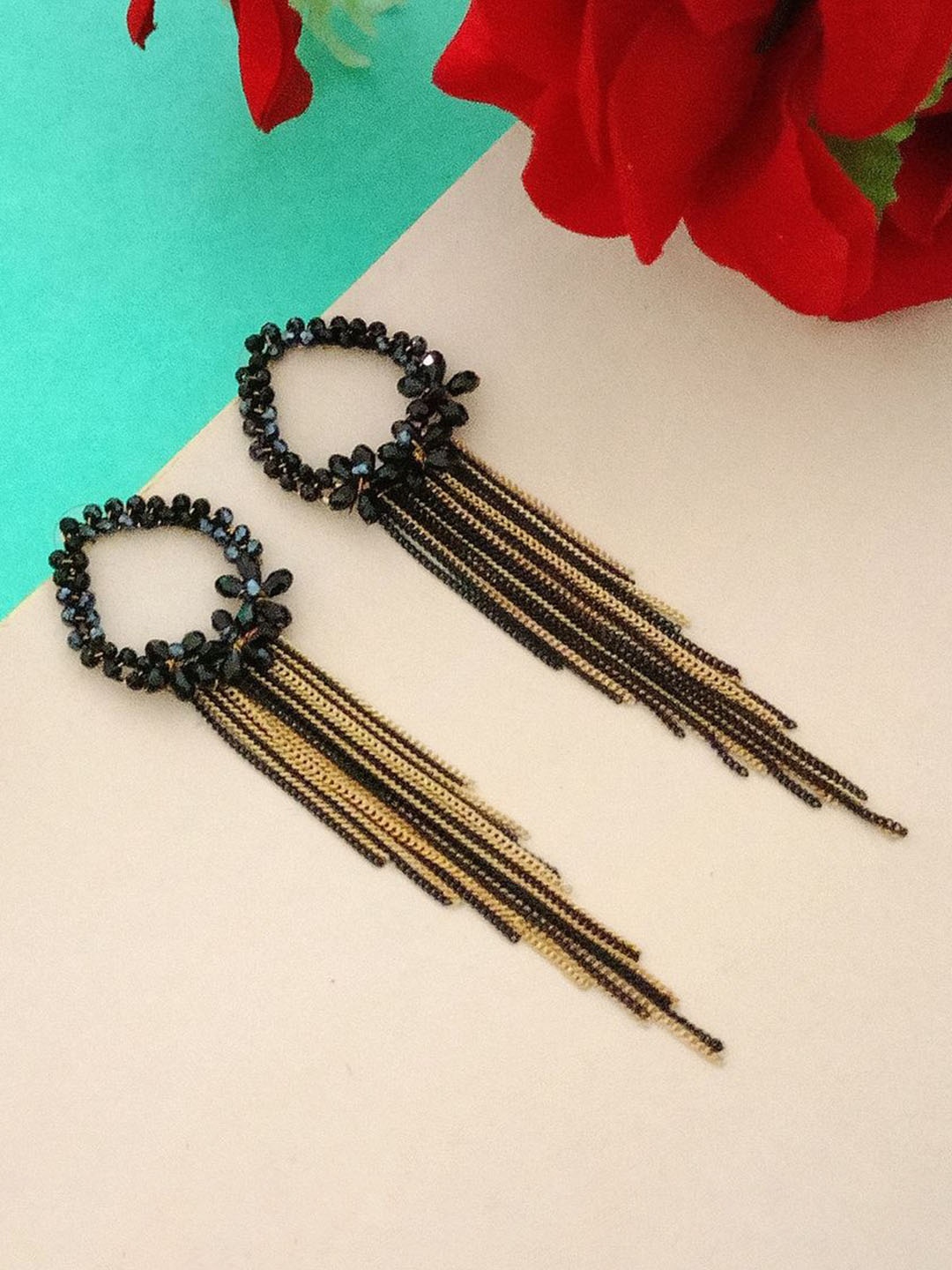 

DIVASTRI Gold-Plated Artificial Beaded Contemporary Drop Earrings, Black