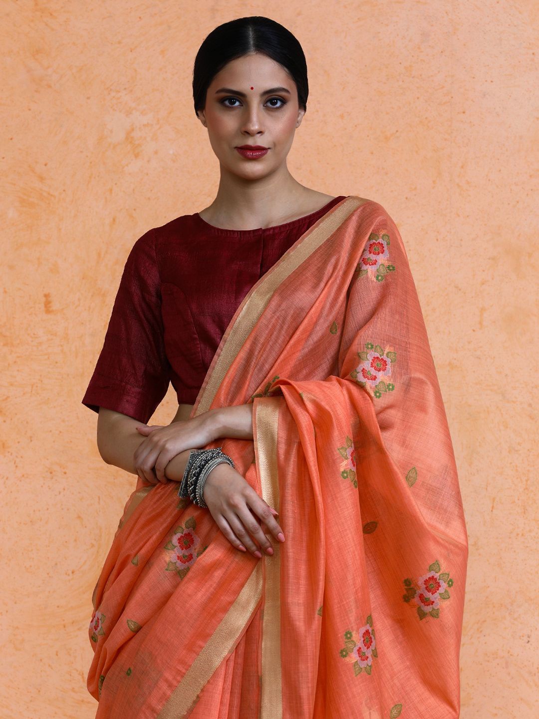 

SARHA Cotton Blend Floral Woven Design Zari Indie Florals Chanderi Saree, Orange