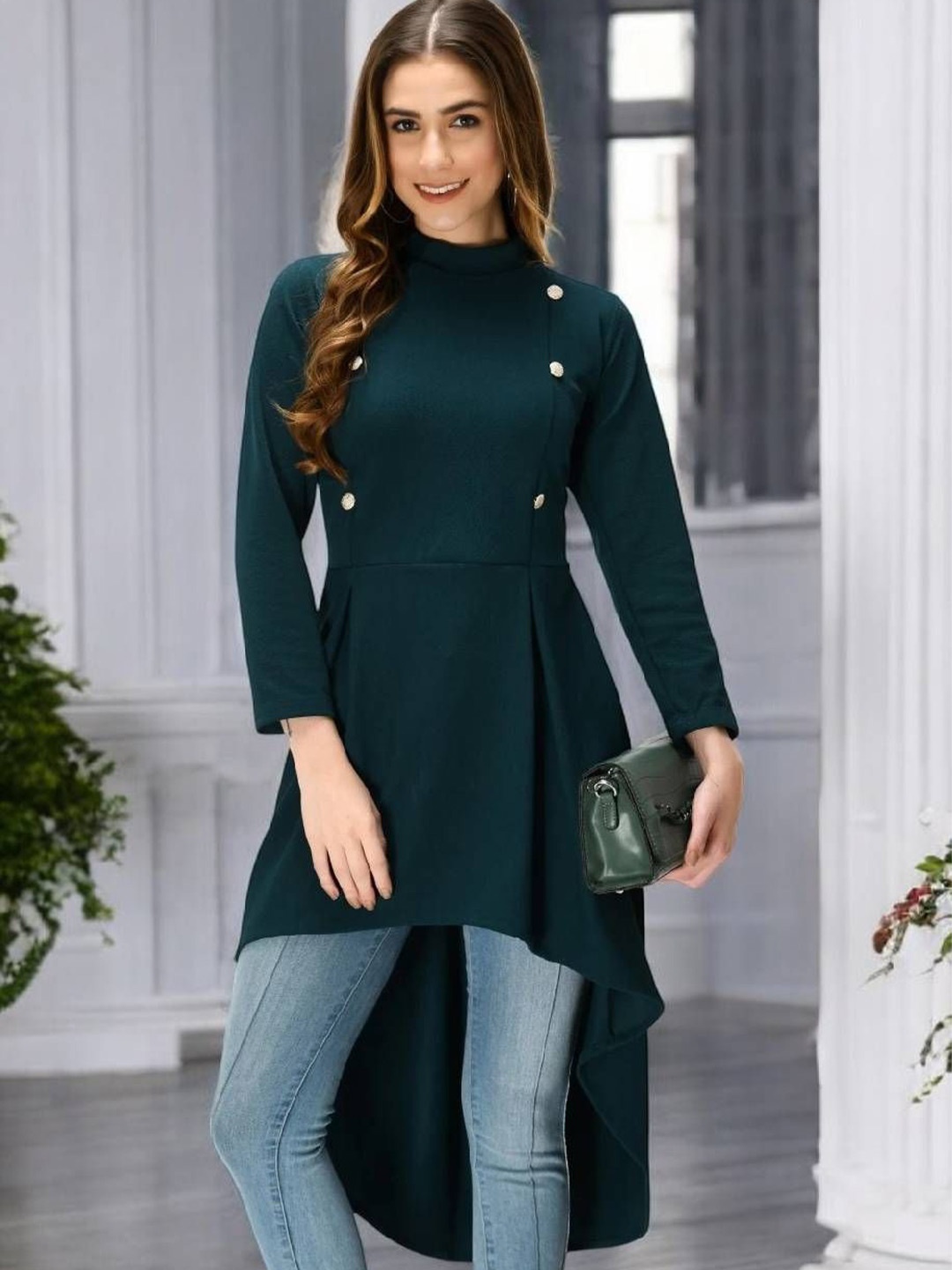 

BAESD Women High Neck High-Low Longline Top, Green