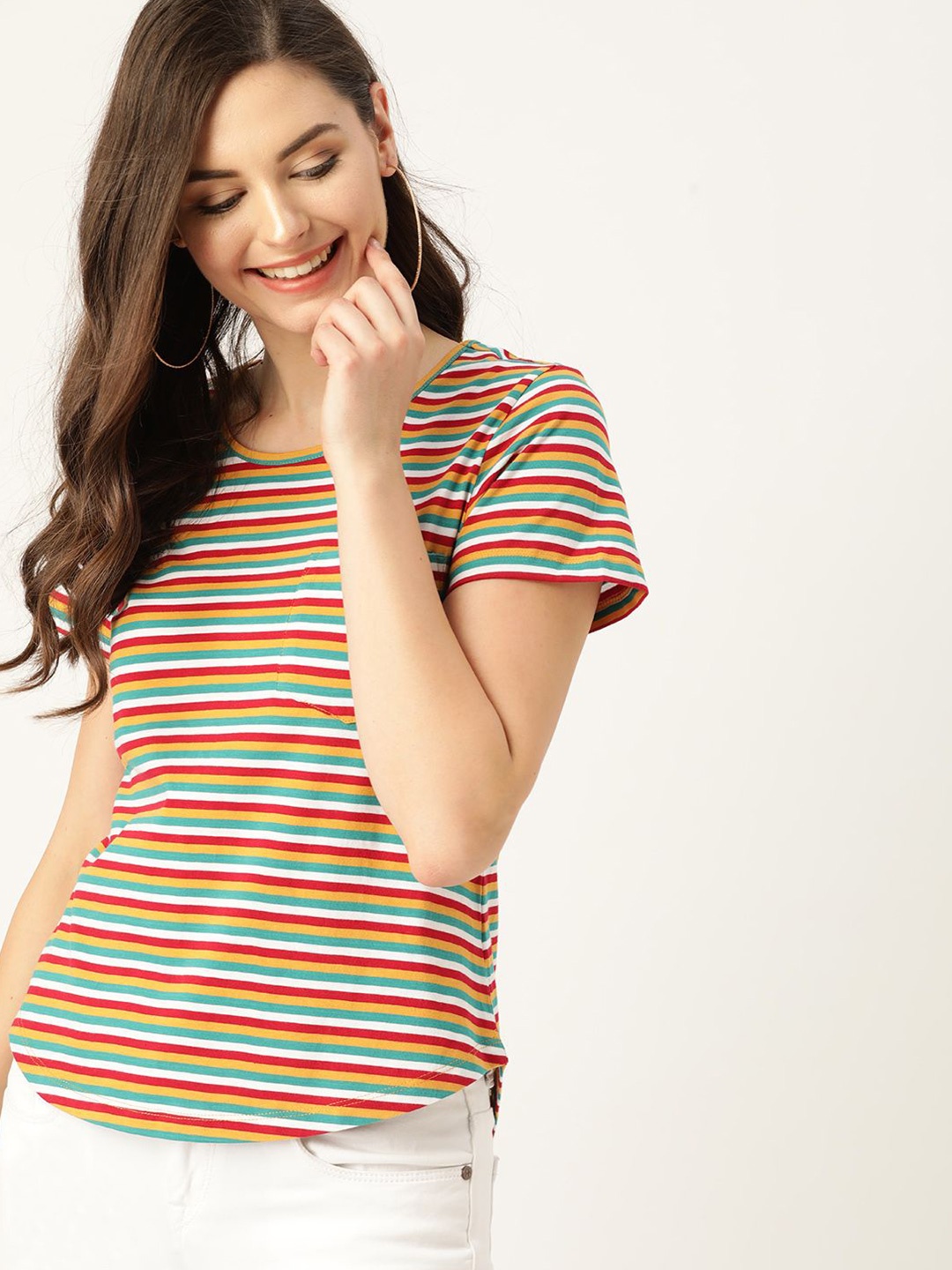 

DressBerry Women Striped Round Neck Cotton T-shirt, White