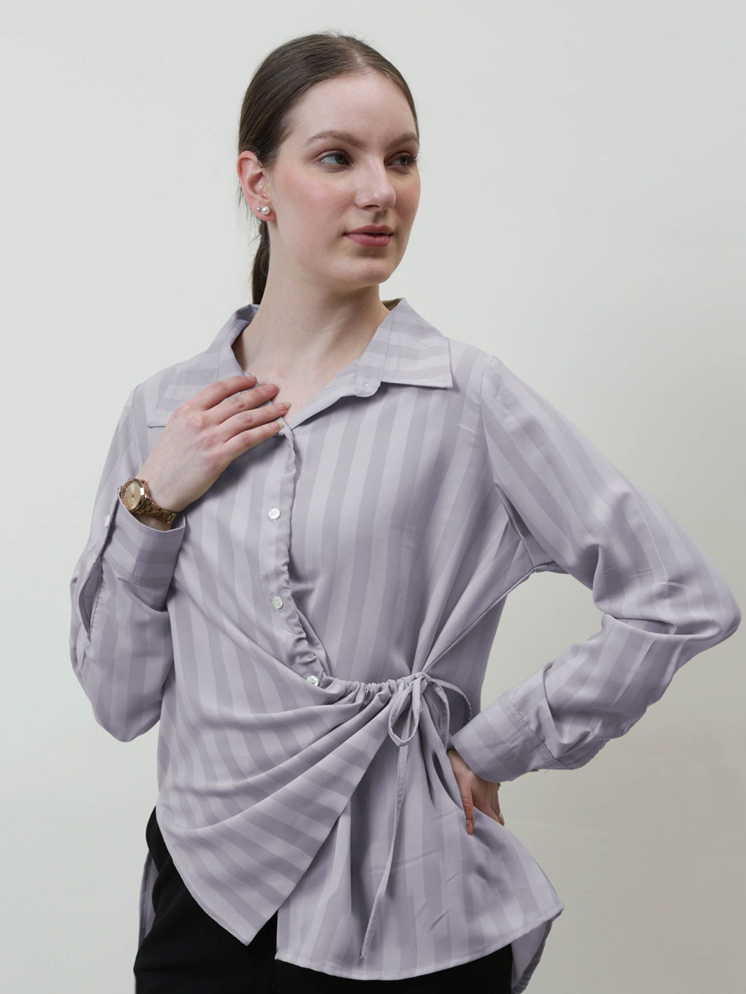 

Athena Immutable Women Vertical Striped Shirt, Grey