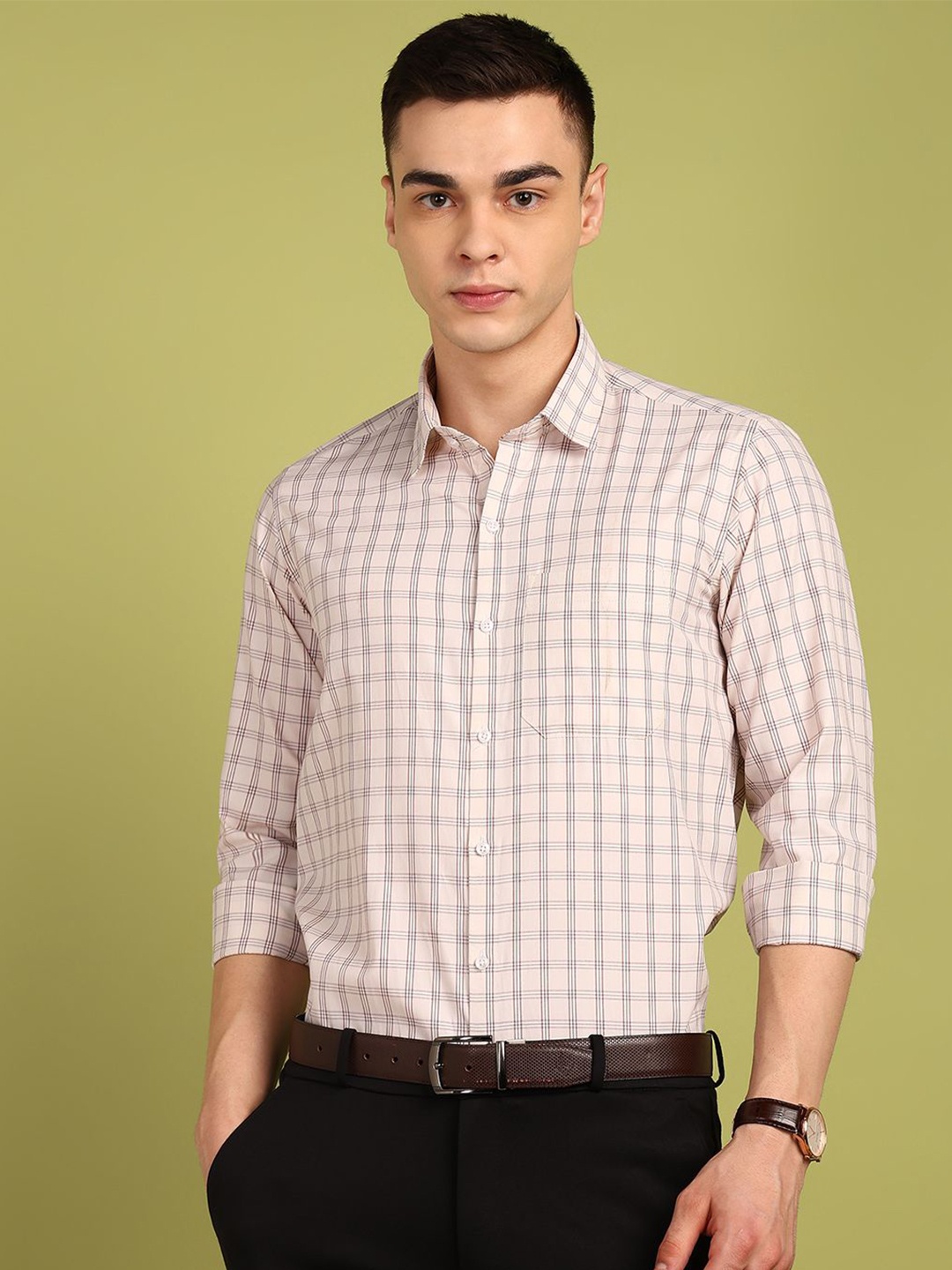 

FUBAR Men Classic Slim Fit Gingham Checks Opaque Checked Formal Shirt, Cream