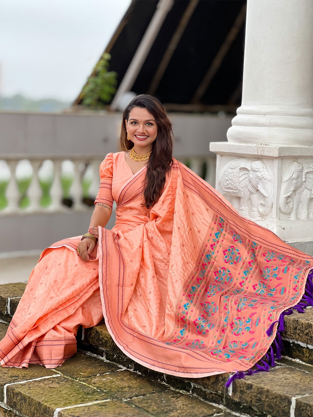 

Rangtulika Ethnics Woven Design Zari Paithani Saree And Matching Blouse, Peach