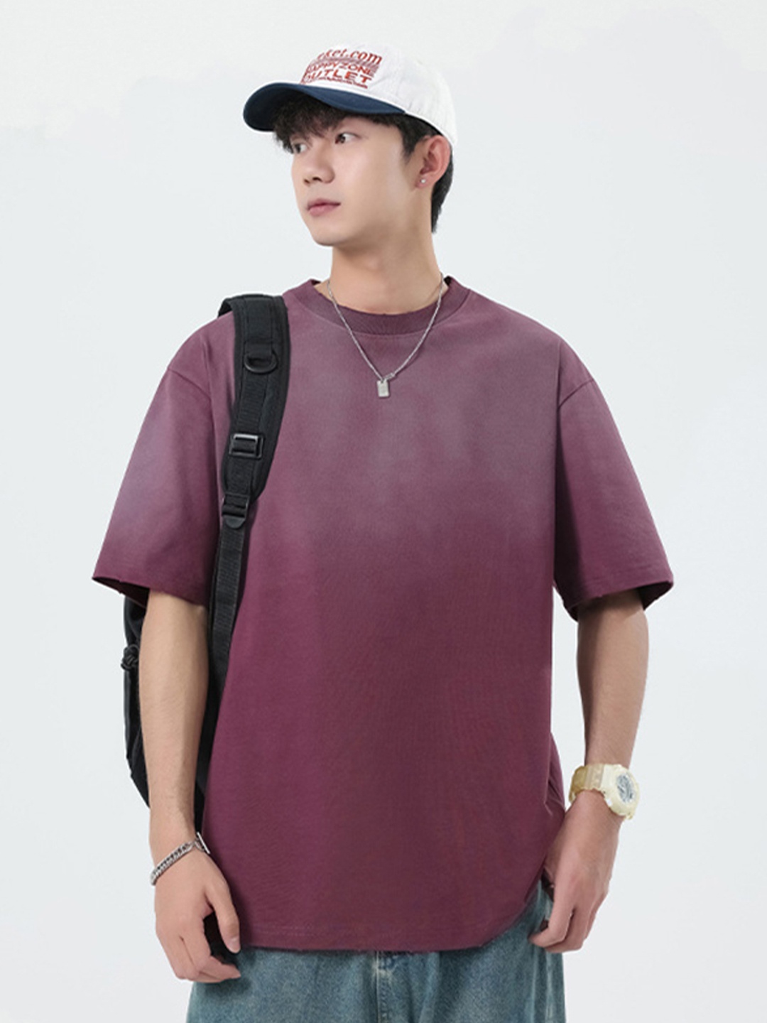 

StyleCast x Revolte Men Dyed Round Neck Cotton Relaxed Fit T-shirt, Purple