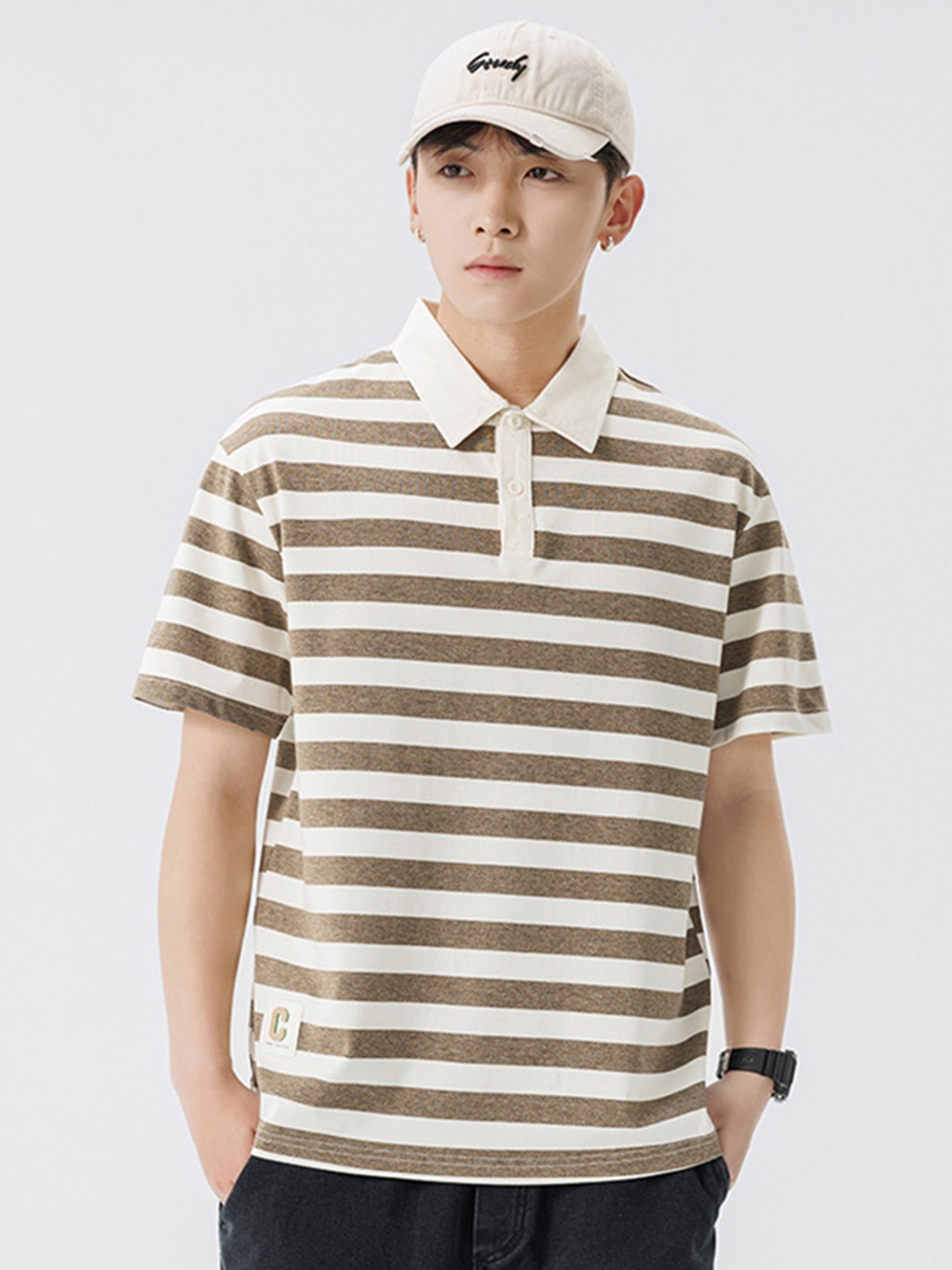 

StyleCast x Revolte Men Striped Polo Collar T-shirt, Brown