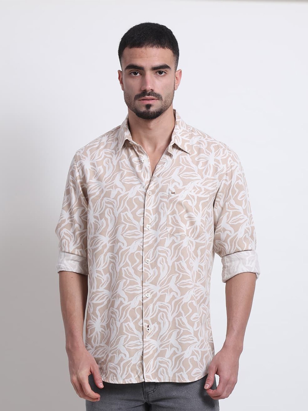 

Basics Men Slim Fit Spread Collar Floral Printed Cotton Casual Shirt, White