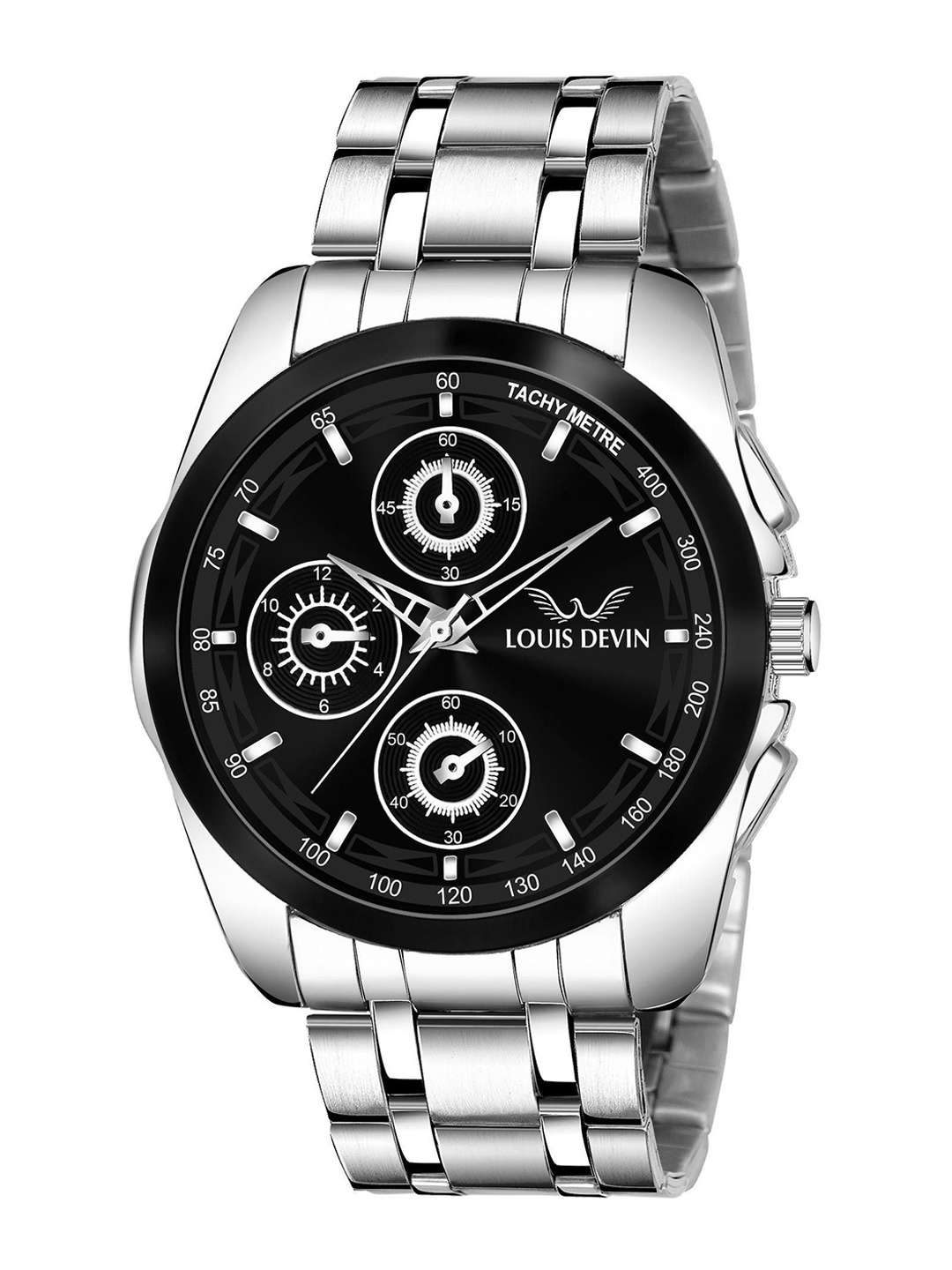 

LOUIS DEVIN Men Brass Embellished Dial & Stainless Steel Bracelet Style Straps Analogue Watch LD-G036-BLK, Silver