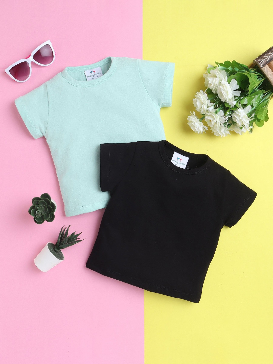 

Knitting Doodles Girls Pack of 2 Solid Round Neck Cotton T-shirts, Turquoise blue