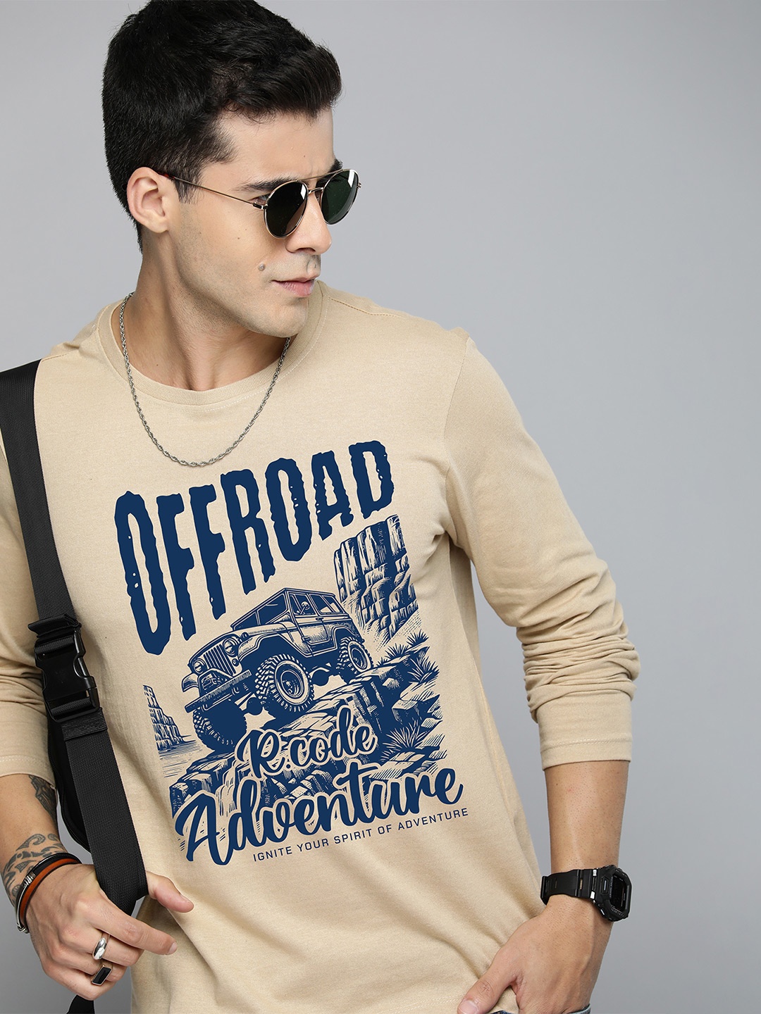 

R.Code by The Roadster Life Co. Men Typography Printed Applique T-shirt, Beige