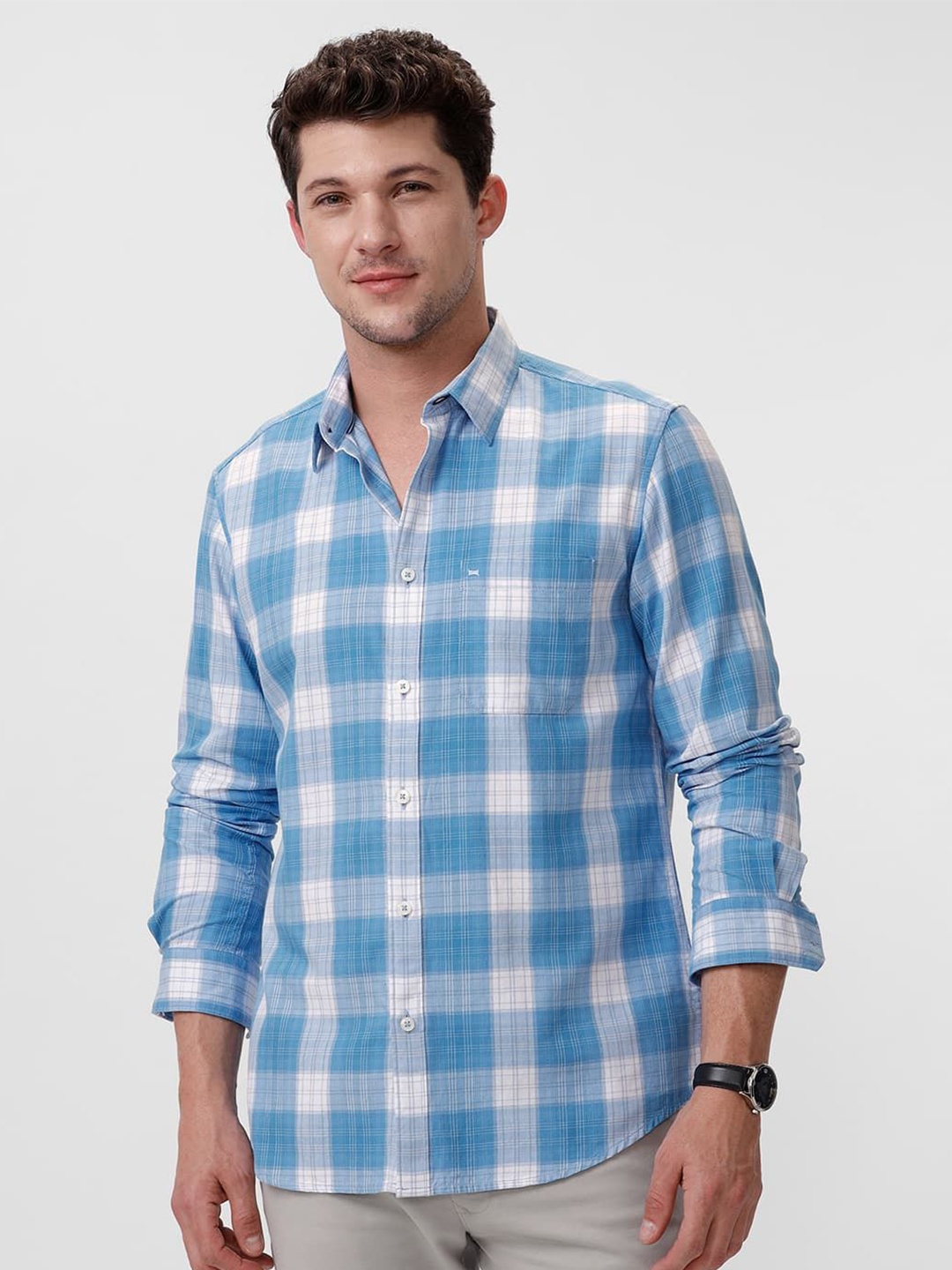 

Basics Men Slim Fit Spread Collar Tartan Checked Cotton Casual Shirt, Blue