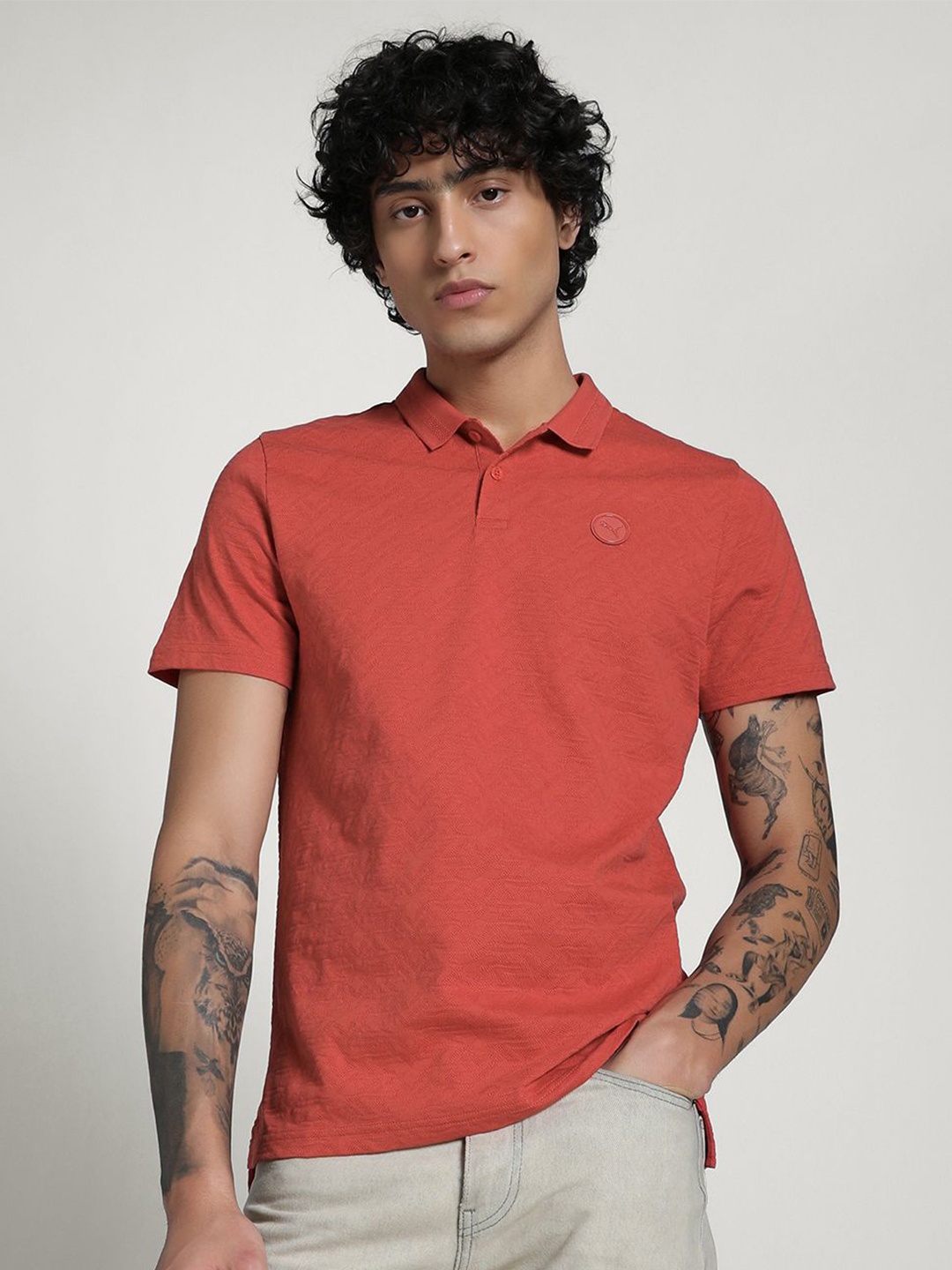 

Puma Men PREMIUM ESS Self Design Cotton Polo Collar T-Shirt, Red