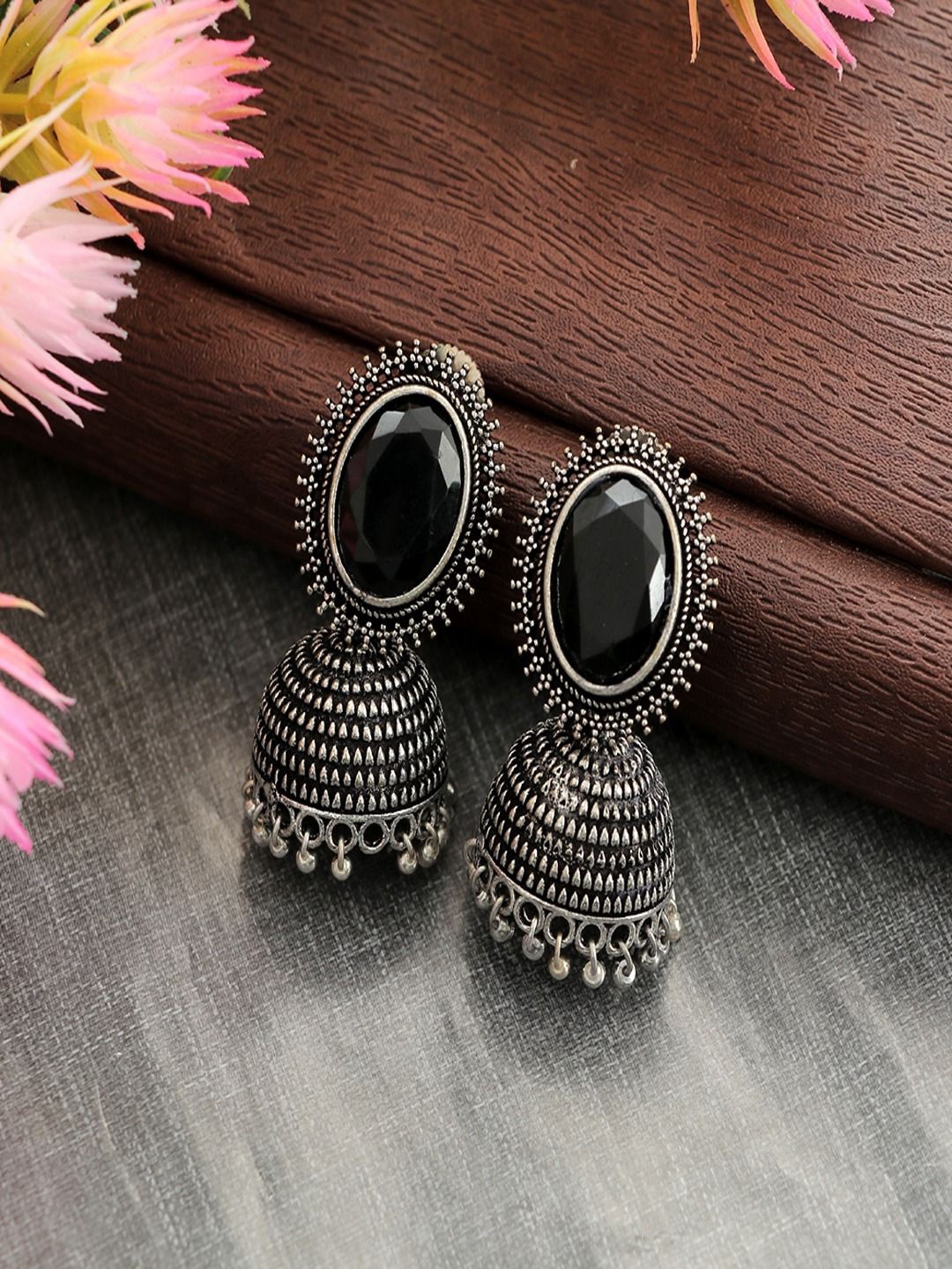 

Sangria Silver-Plated Artificial Stones Studded Oxidised Dome Shaped Jhumkas