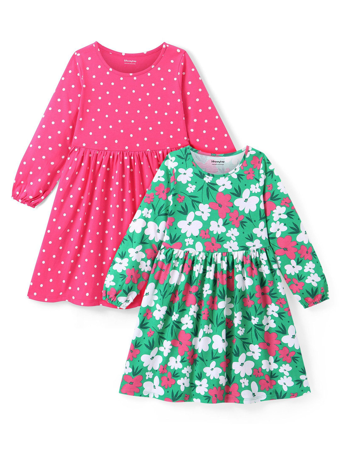 

Honeyhap Girls Pack of 2 Polka Dot Printed Puff Sleeves A-Line Dress, Pink