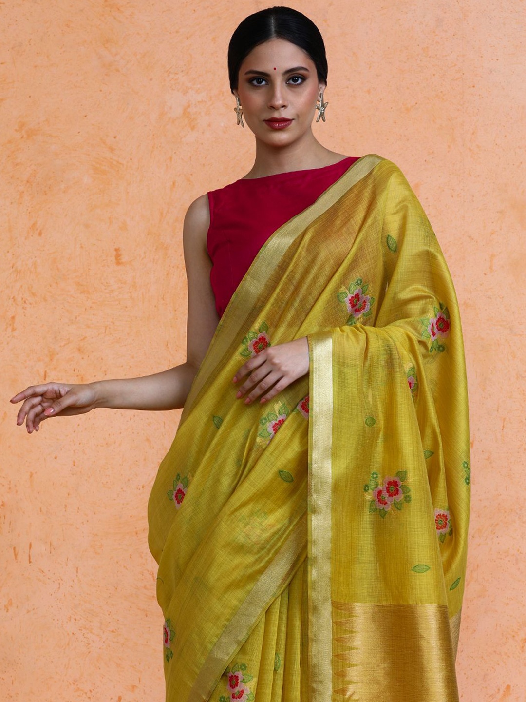 

SARHA Floral Printed Zari Chanderi Saree, Yellow