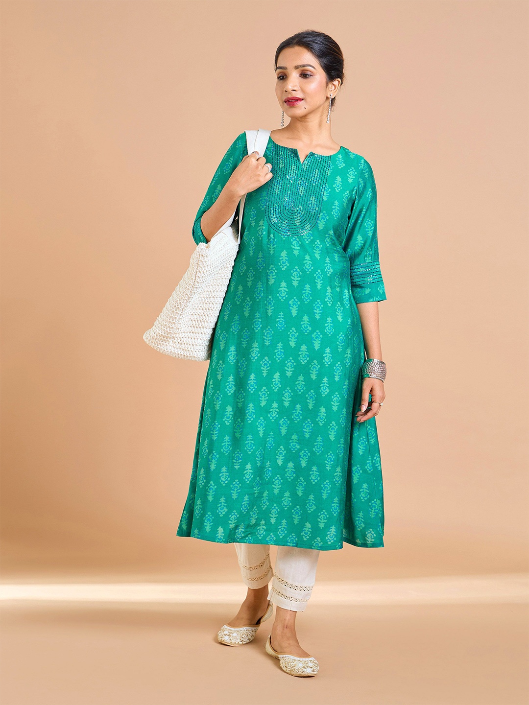 

Vismay Floral Printed Notch Neck Thread Work Modal Chanderi A-Line Kurta, Green