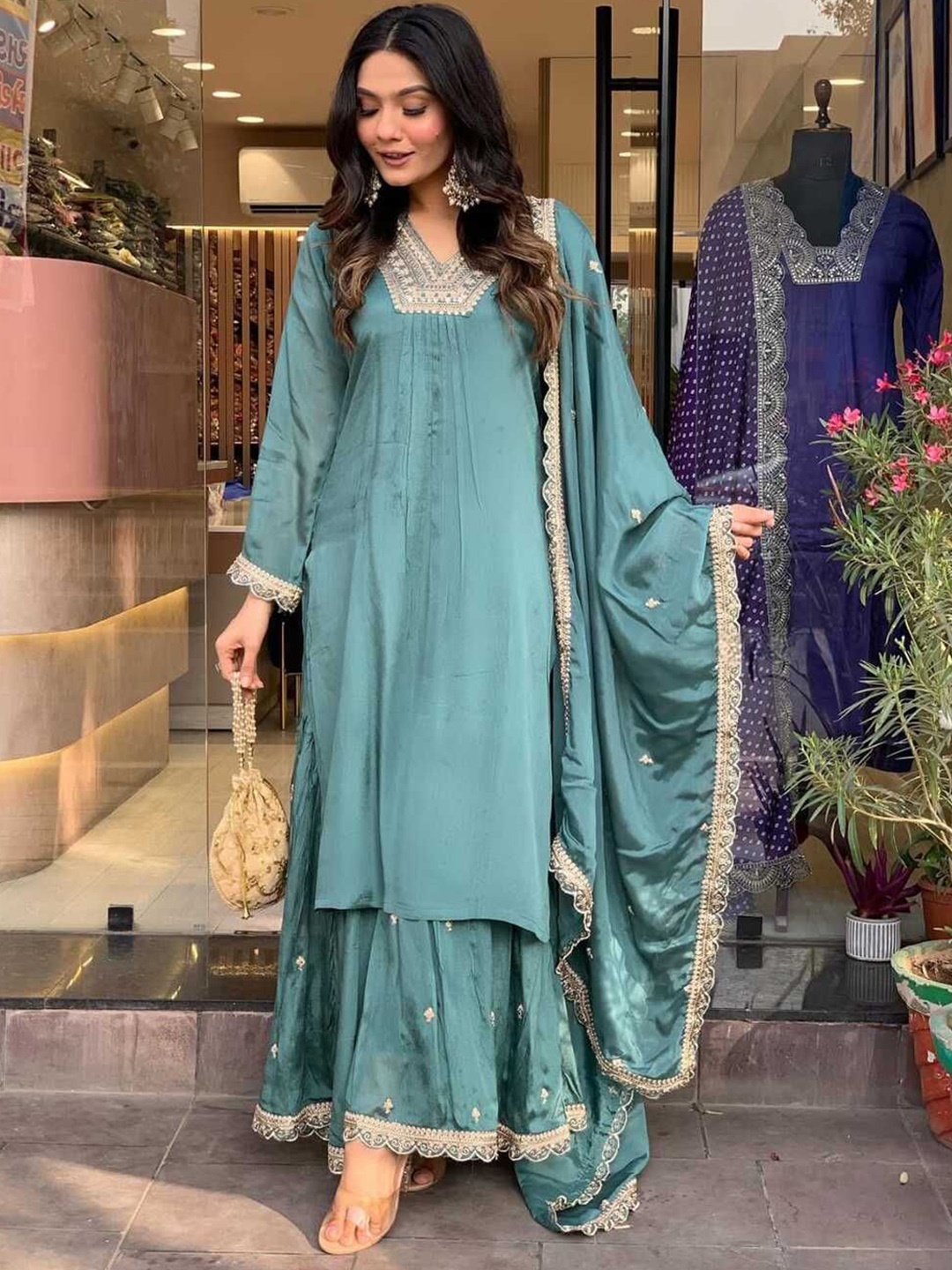 

Wedani Floral Yoke Design V-Neck Kurta with Sharara & Dupatta, Blue