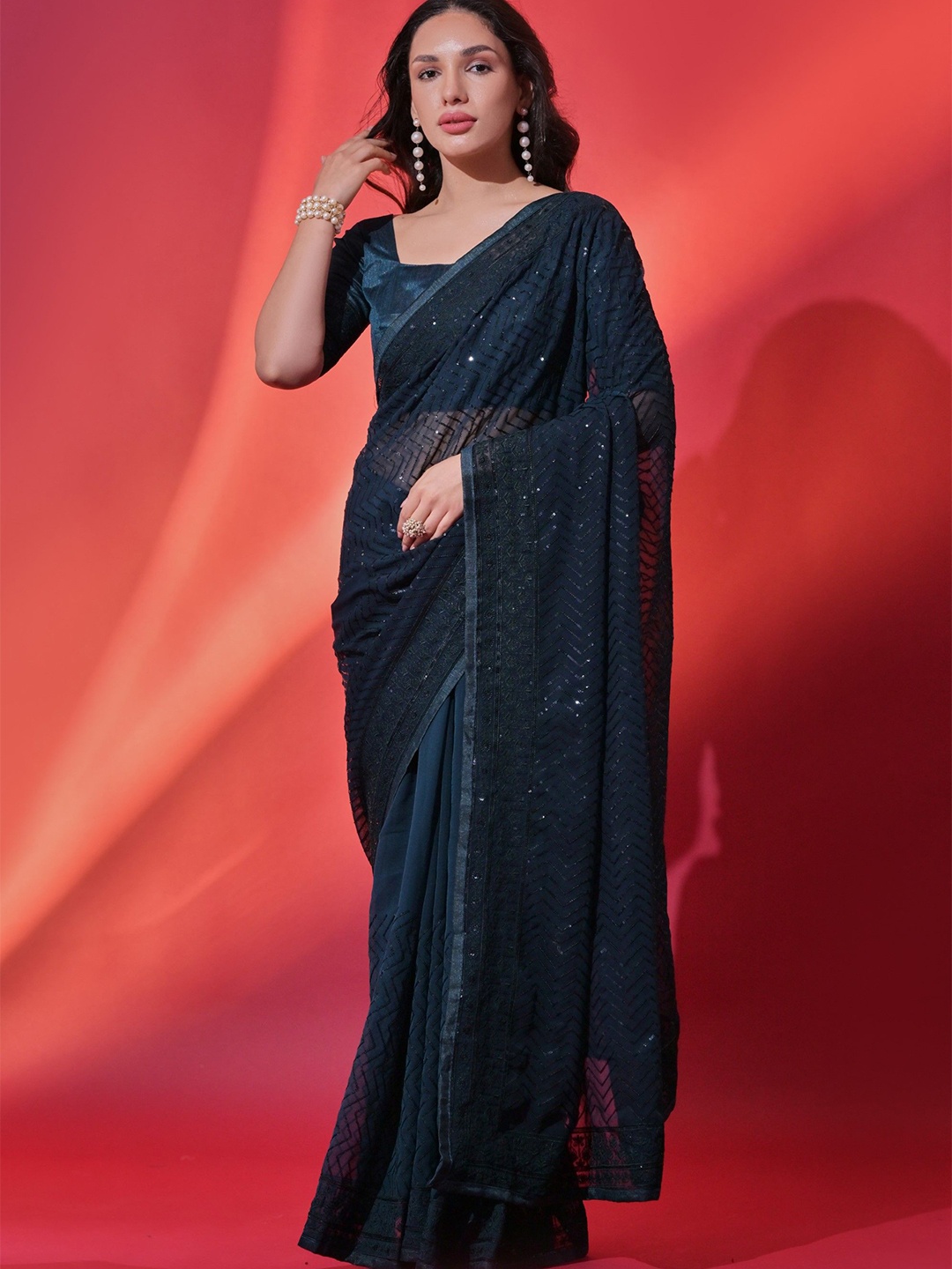

LeeliPeeri Designer Embellished Sequinned Poly Georgette Saree, Teal