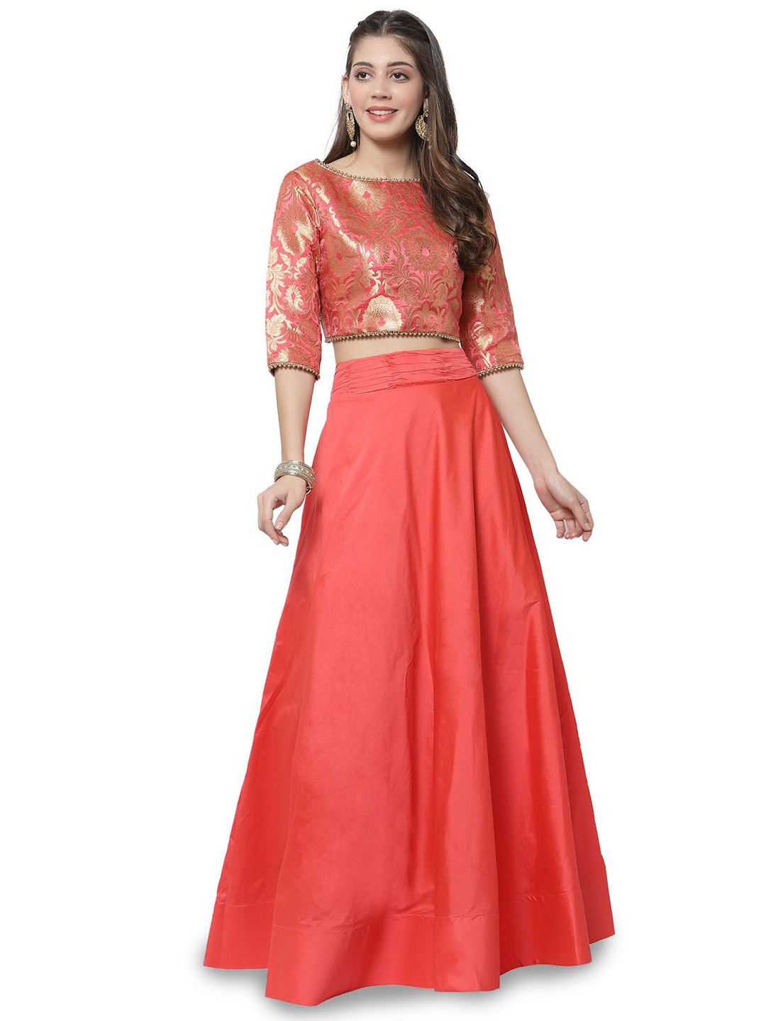 

DELIS Floral Woven Design Boat Neck Ready to Wear Lehenga & Blouse and Dupatta, Peach