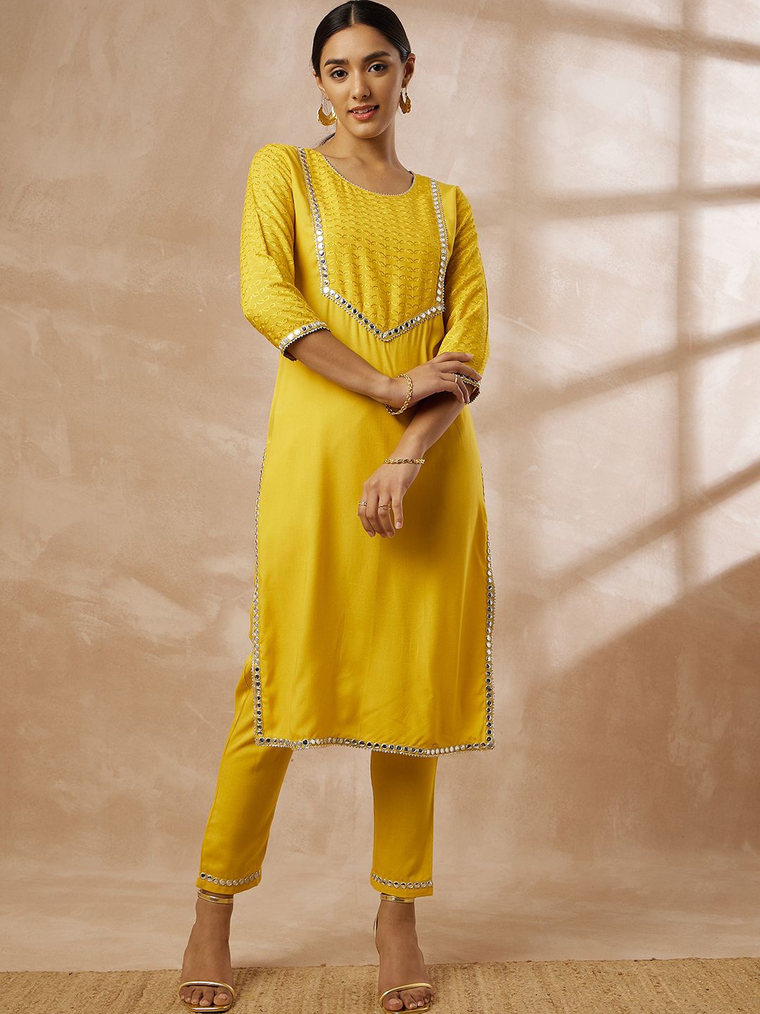

HERE&NOW Embroidered Mirror Work Kurta With Trousers, Mustard