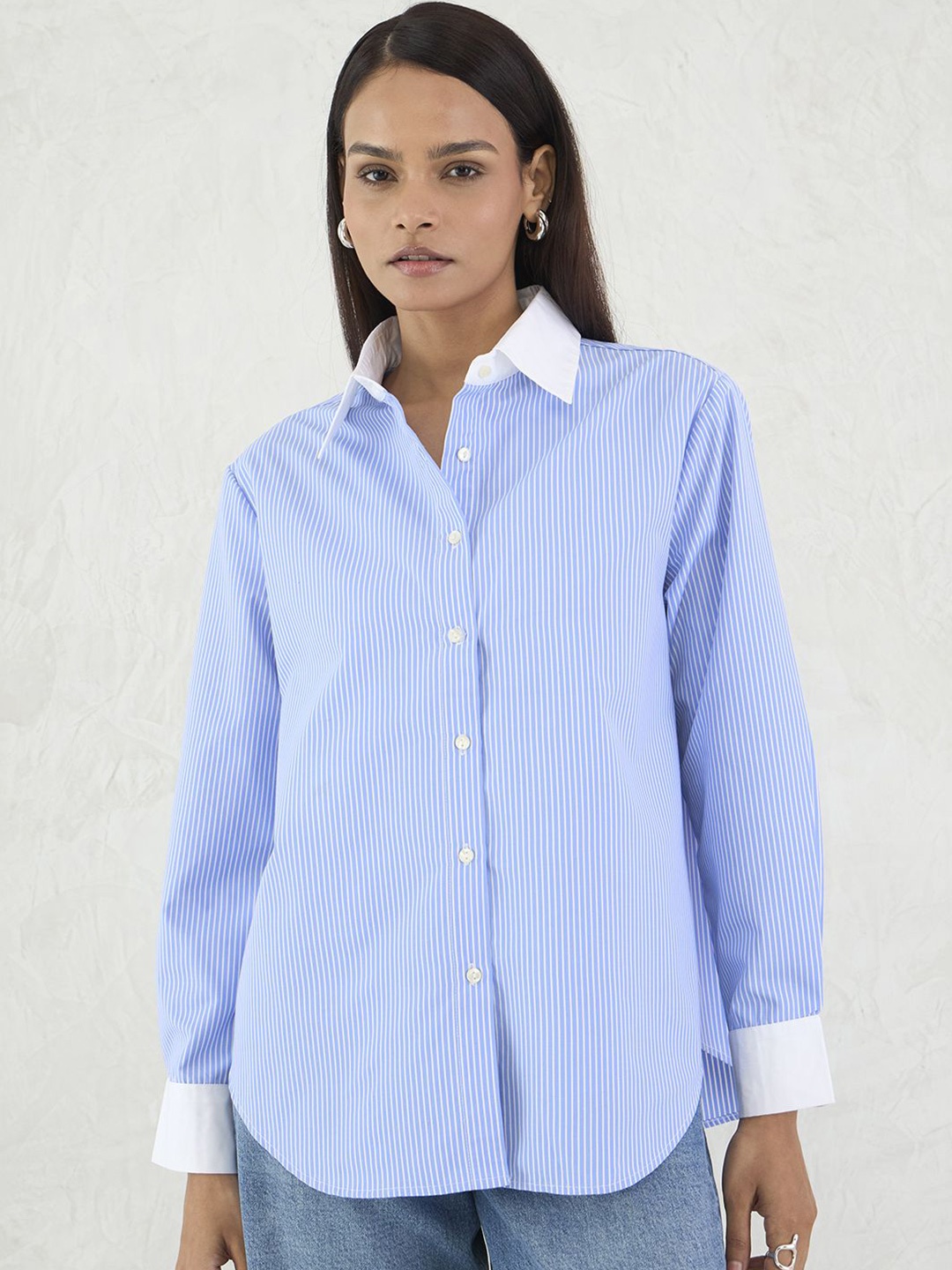 

FEMMELLA Women Relaxed Fit Vertical Striped Cotton Shirt, Blue