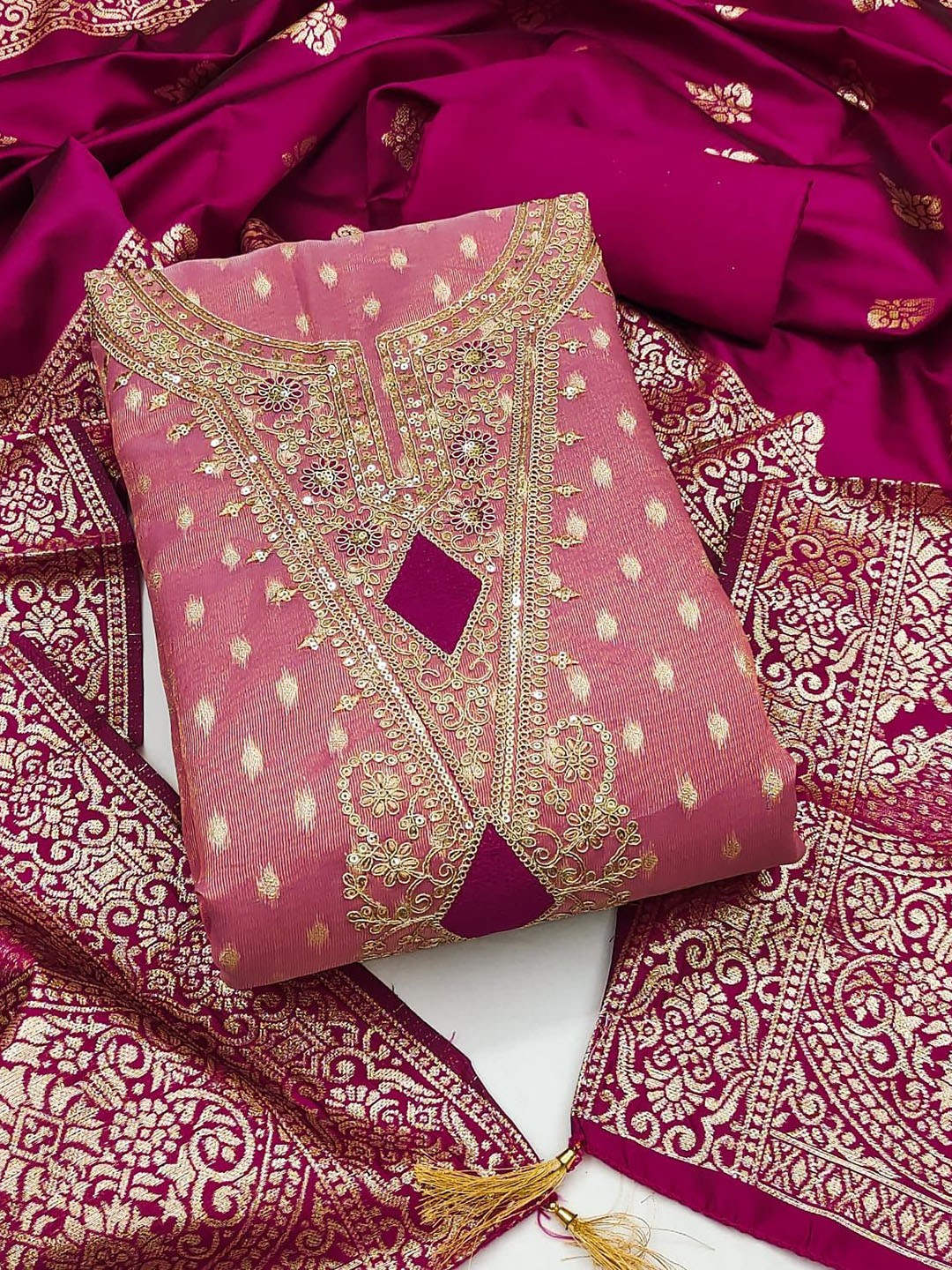 

BlissFlair Ethnic Motifs Embroidered Sequinned Chanderi Cotton Unstitched Dress Material, Pink