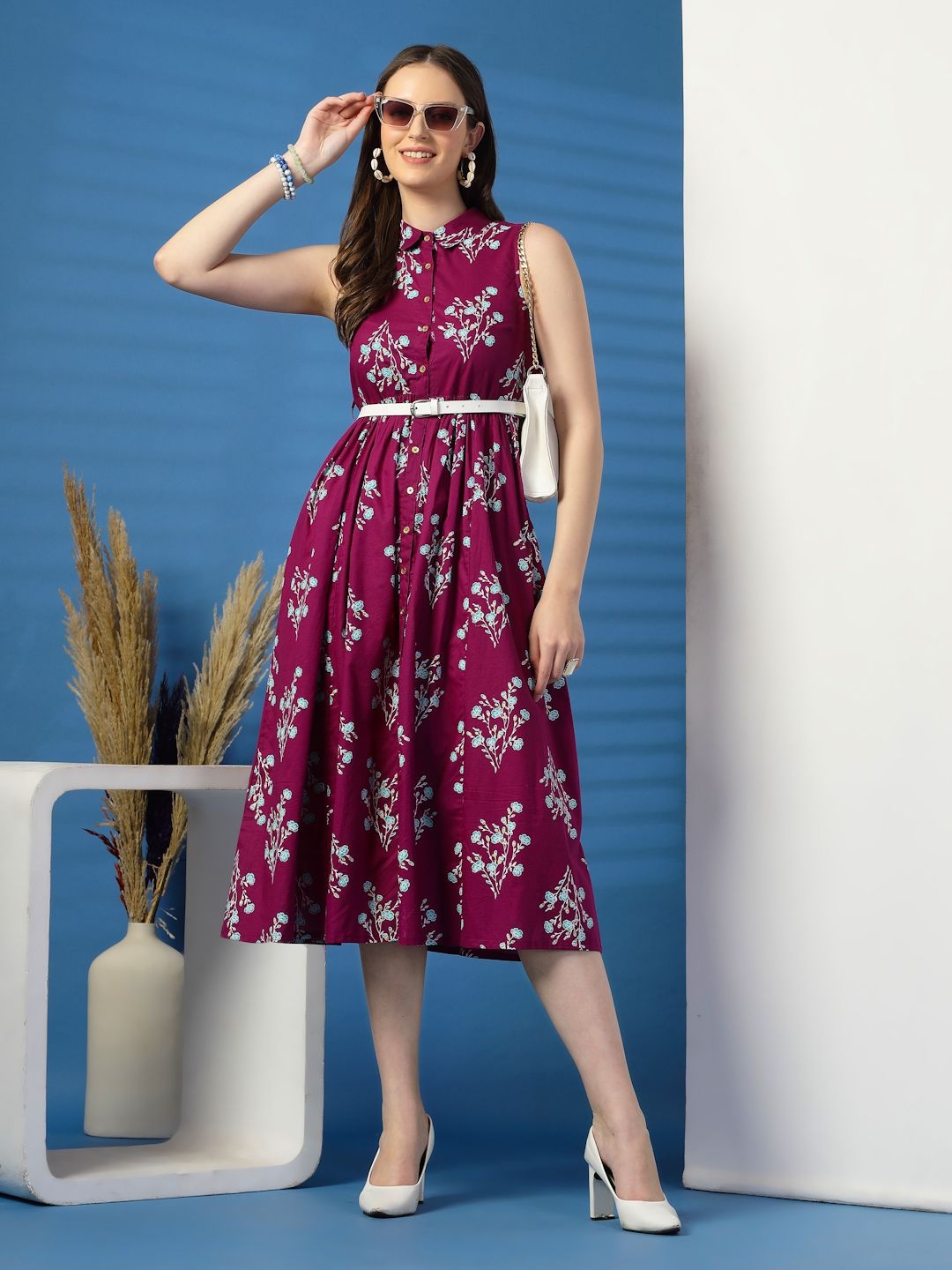 

Ramas Women Floral Printed Cotton Fit and Flare Dress With Belt, Purple