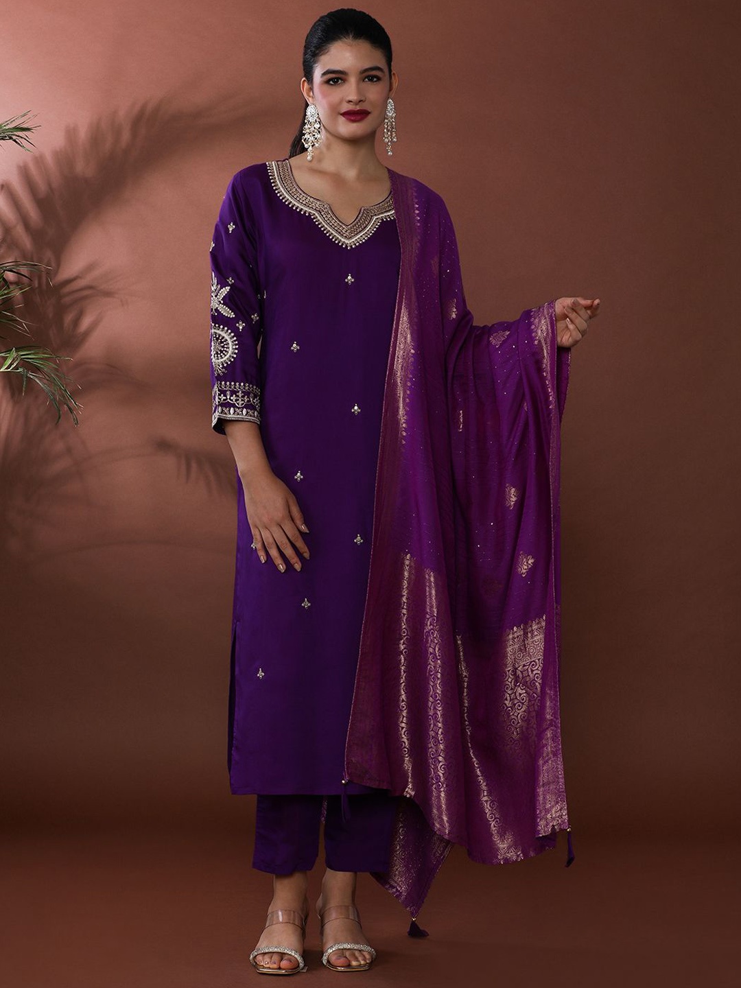 

Jaipur Kurti Embroidered Thread Work Notch Neck Chanderi Silk Kurta With Trouser & Dupatta, Purple